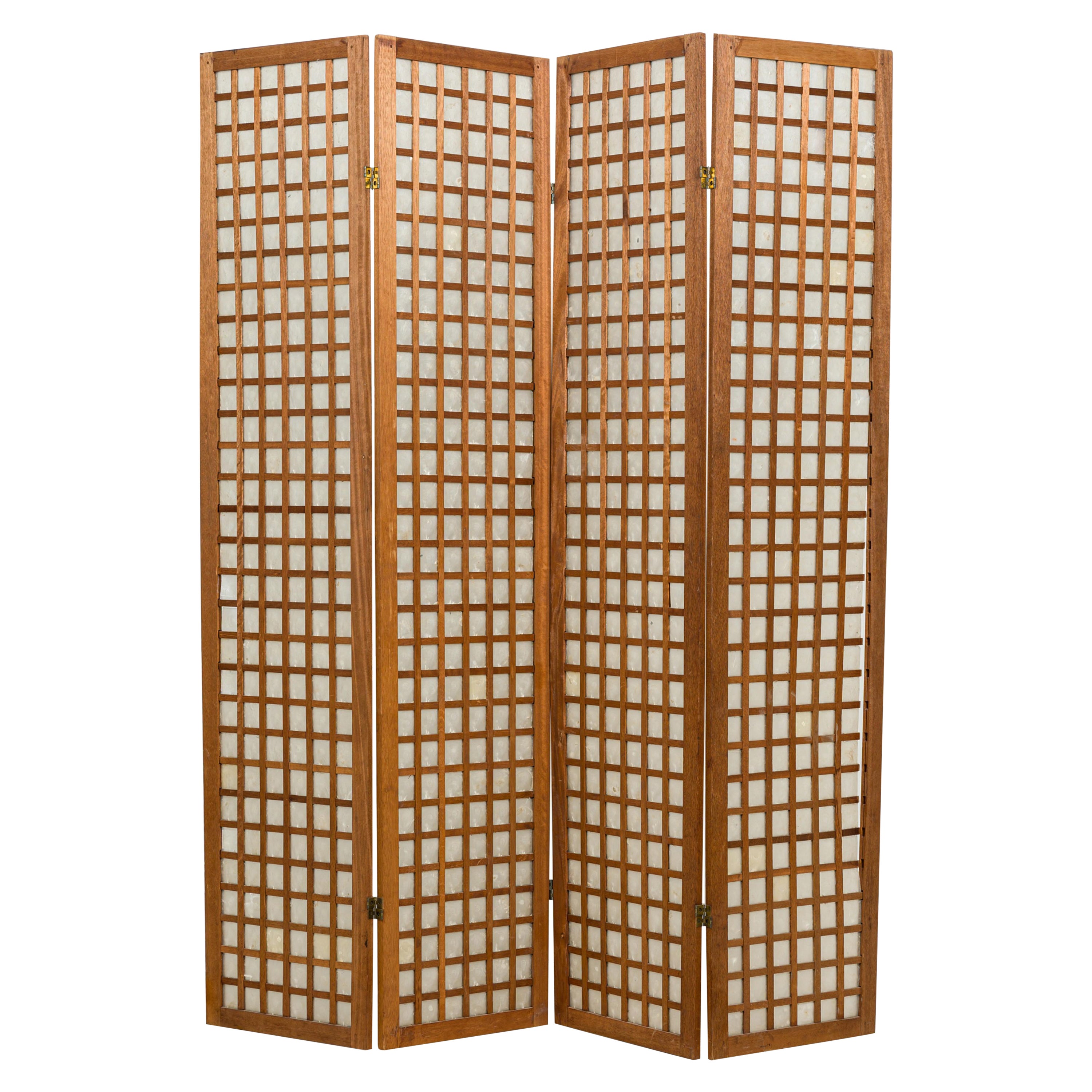 French Mid-Century Modern Cerused Wood and Mother of Pearl Four Panel Screen For Sale