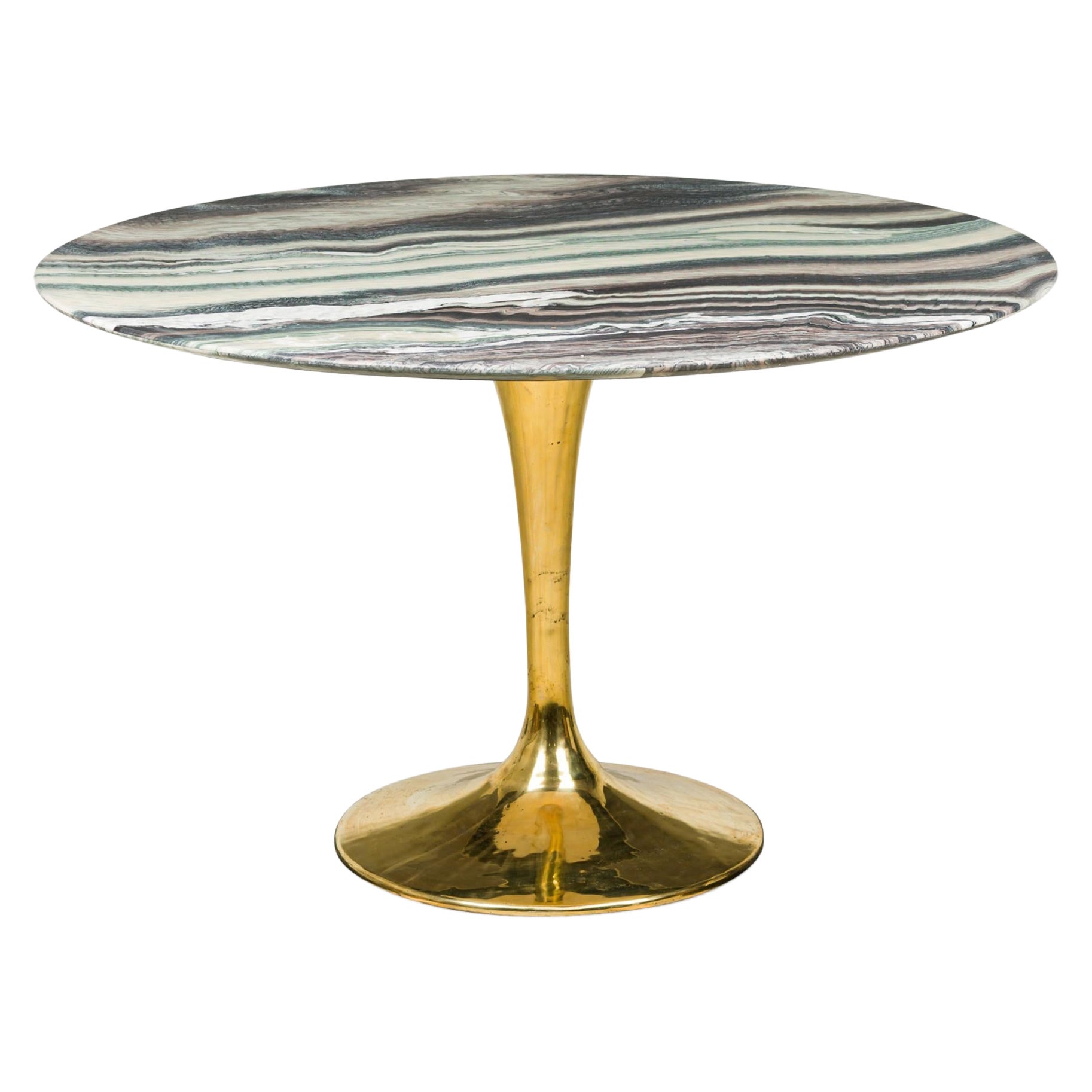 "Tulipa" Circular Polished Bronze and Striated Marble Tulip Form Dining Table For Sale