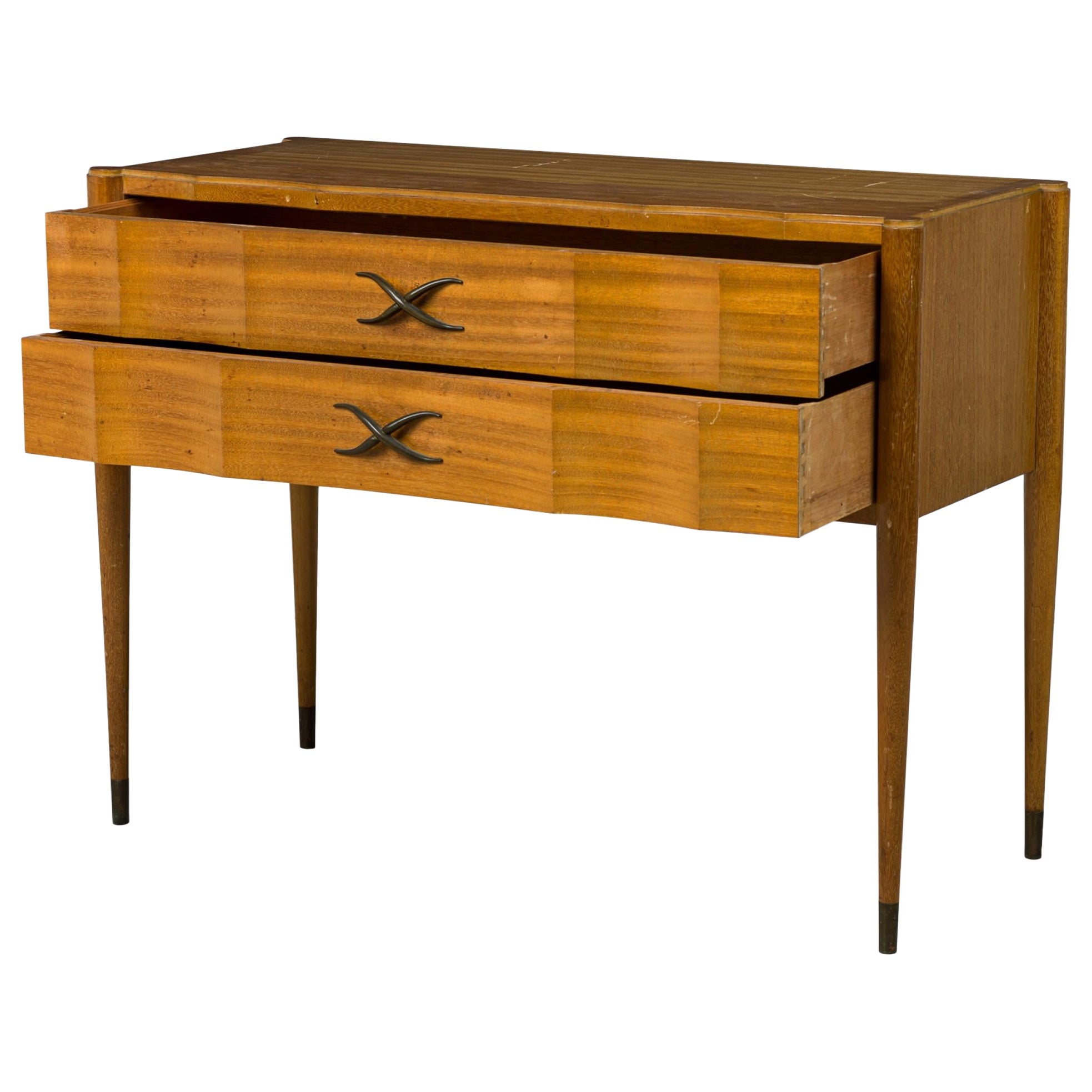 Paul Frankl Continental Mid-Century Walnut and Brass 2-Drawer Console Table For Sale