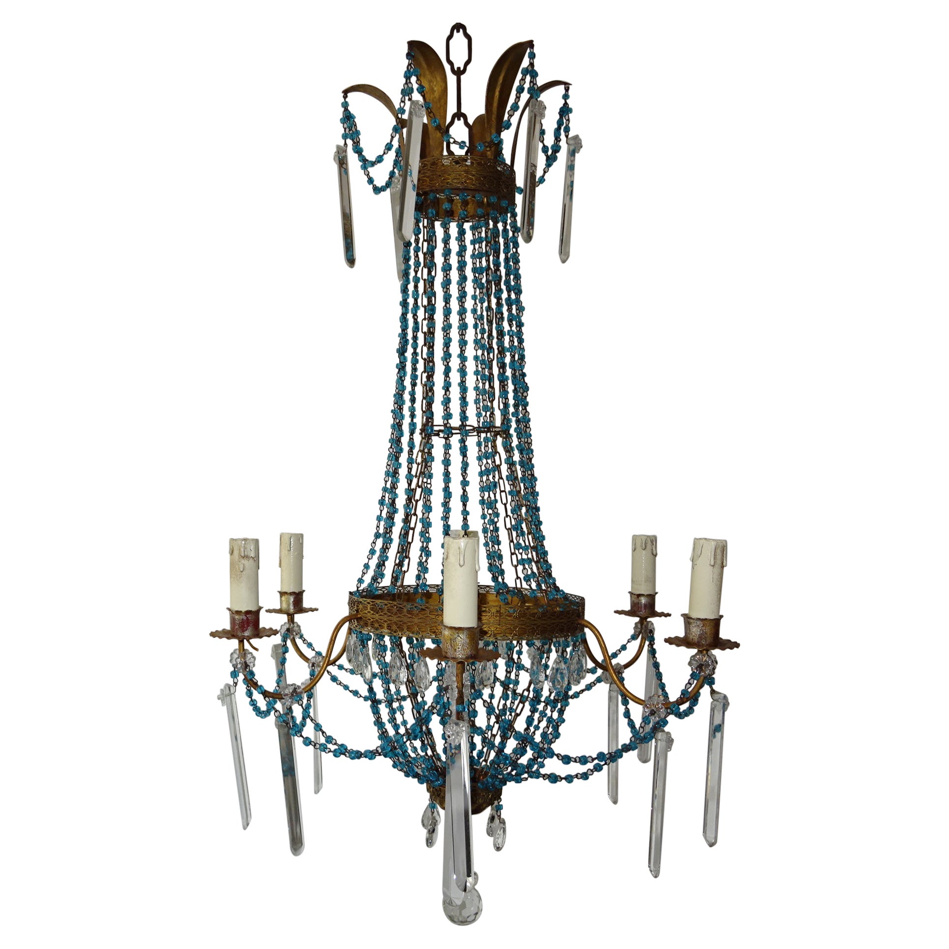 Italian Empire Blue Glass Beads Crystal Prisms Tole Chandelier, c 1900 For Sale