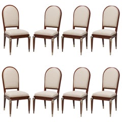 Set of 8 Jean Pascaud French Mahogany and Silvered Bronze Upholstered Dining Cha