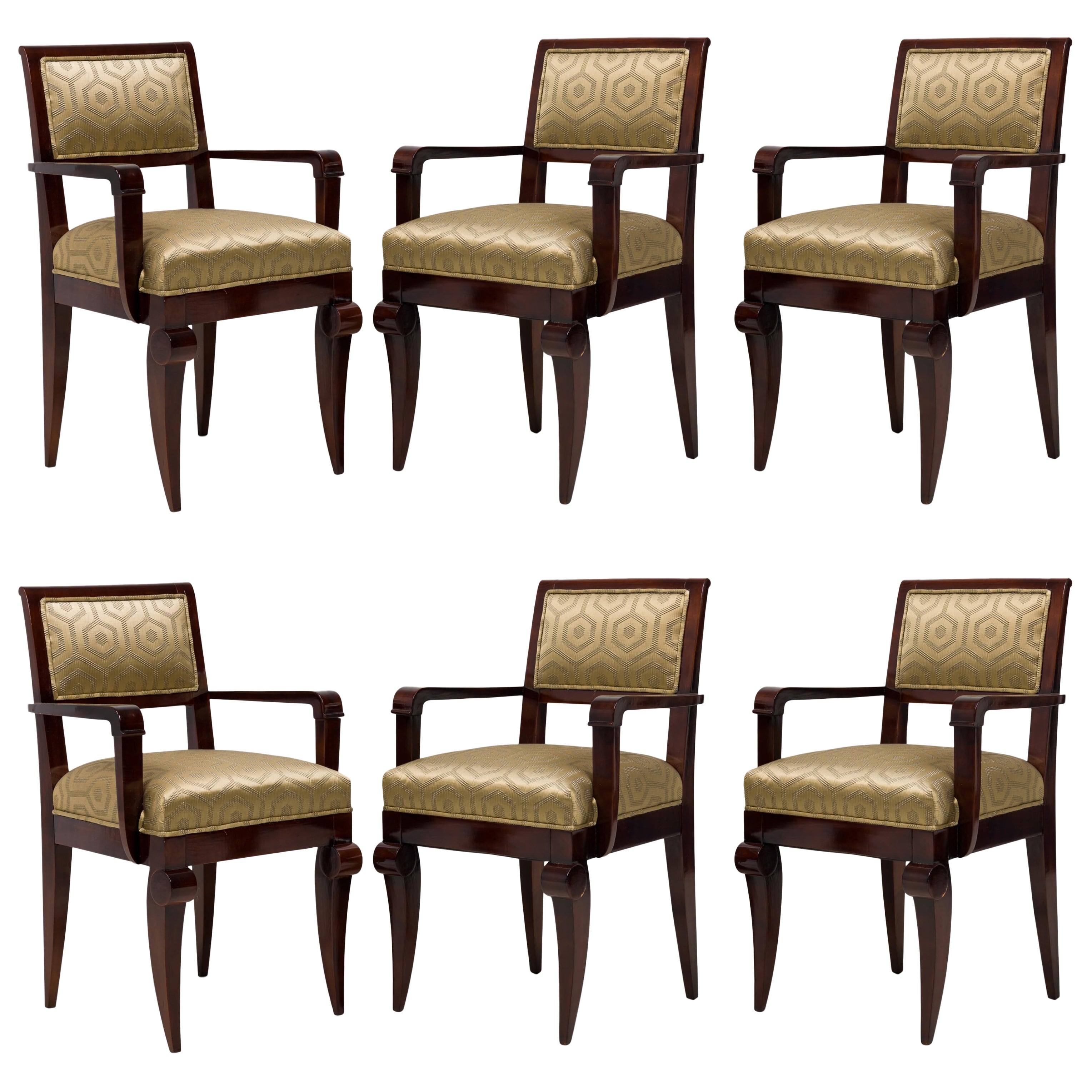 Set of 6 Jules Leleu Amboyna Gold Geometric Fabric Upholstered Dining/Armchairs