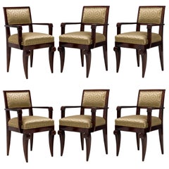 Lot de 6 fauteuils de salle à manger/à bras tapissés en tissu géométrique doré Jules Leleu Amboyna