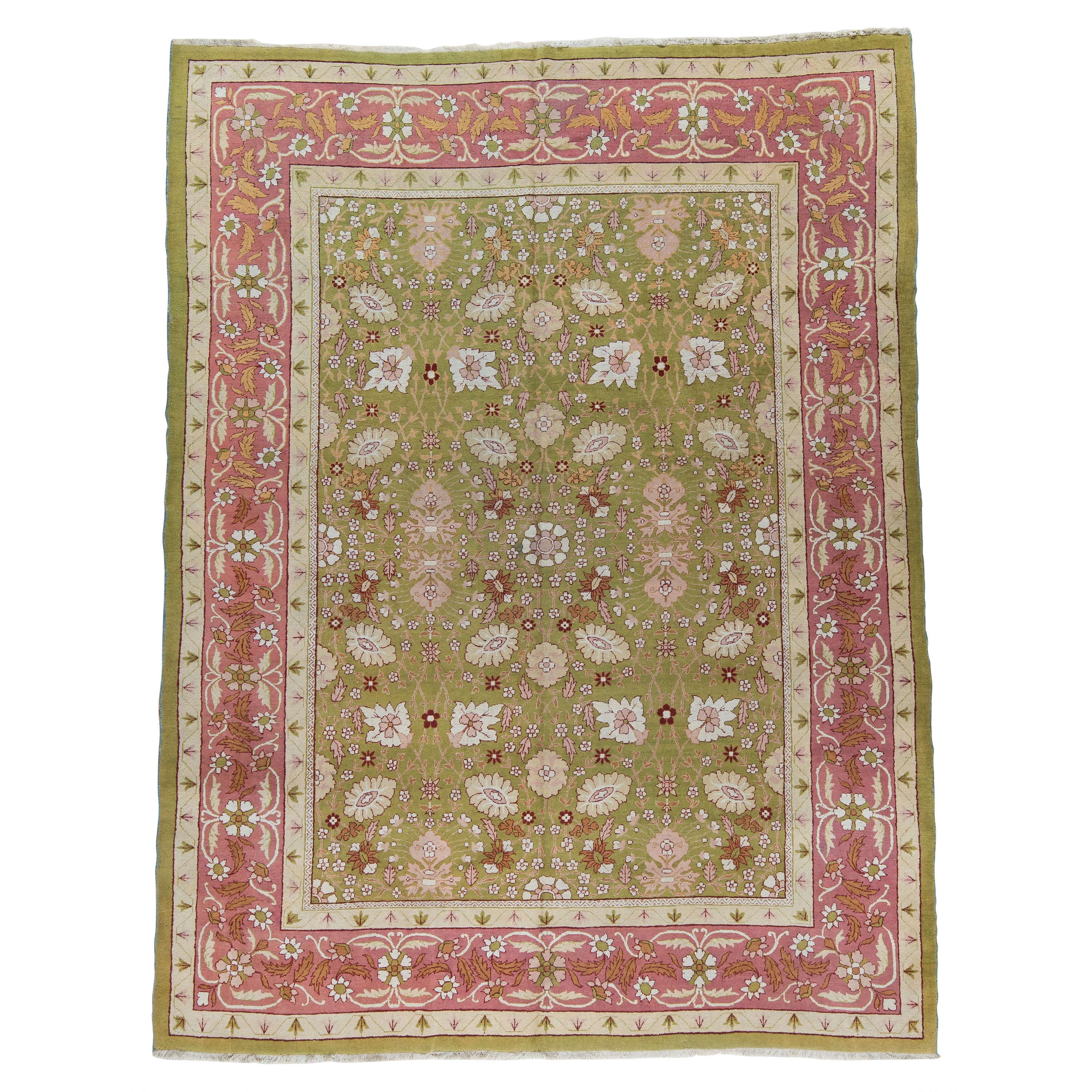 Antique Amritsar Rare Green and Pink Floral Room Size Rug For Sale
