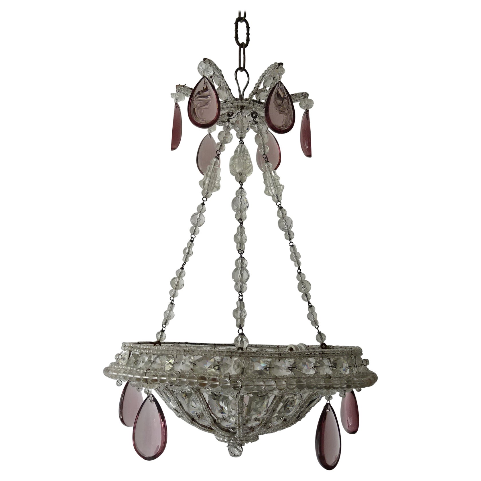  Maison 1940s Baguès Amethyst Prisms Beaded Crystal Chains Signed Chandelier