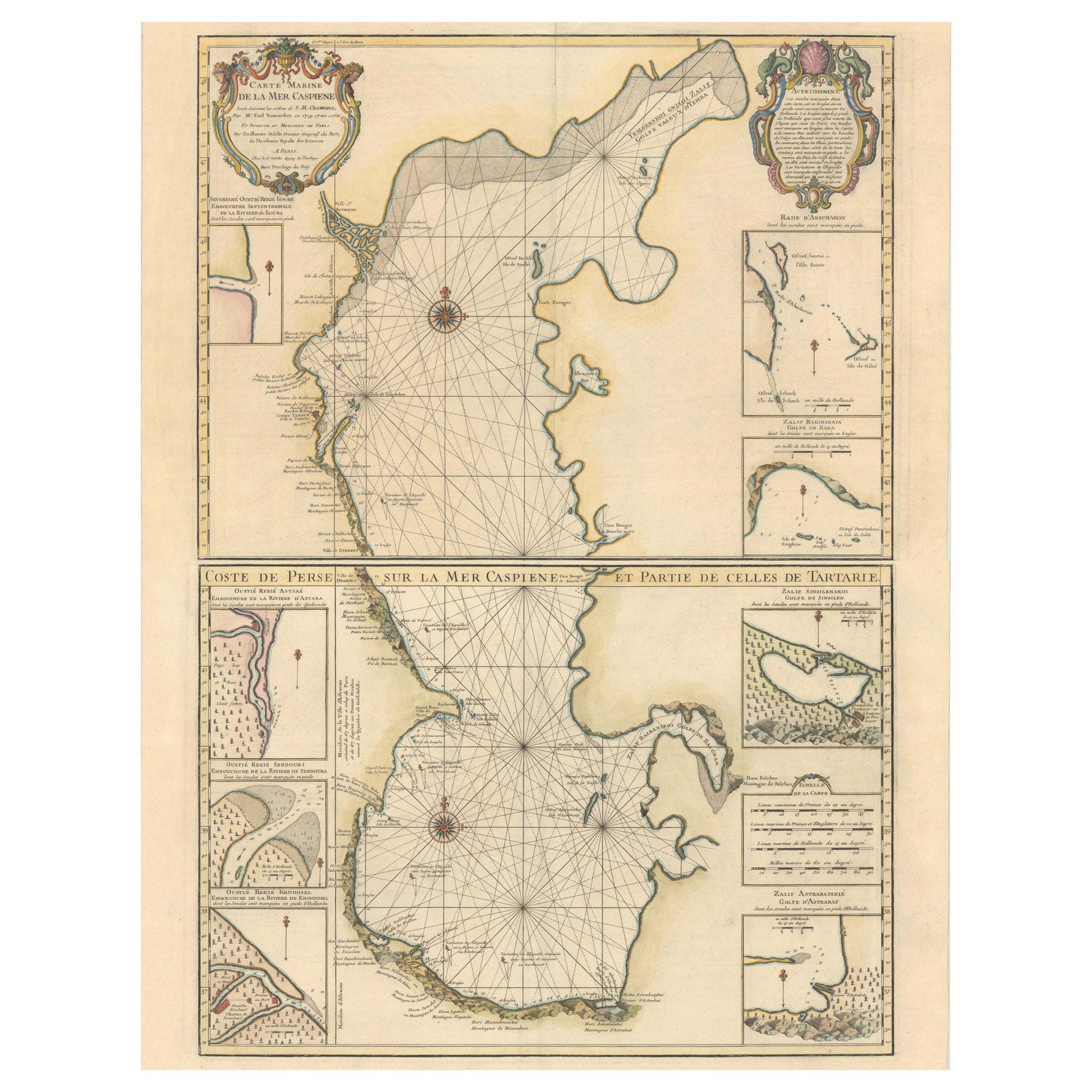 Originale antike zweiseitige Karte des Kaspischen Meeres, ca. 1723