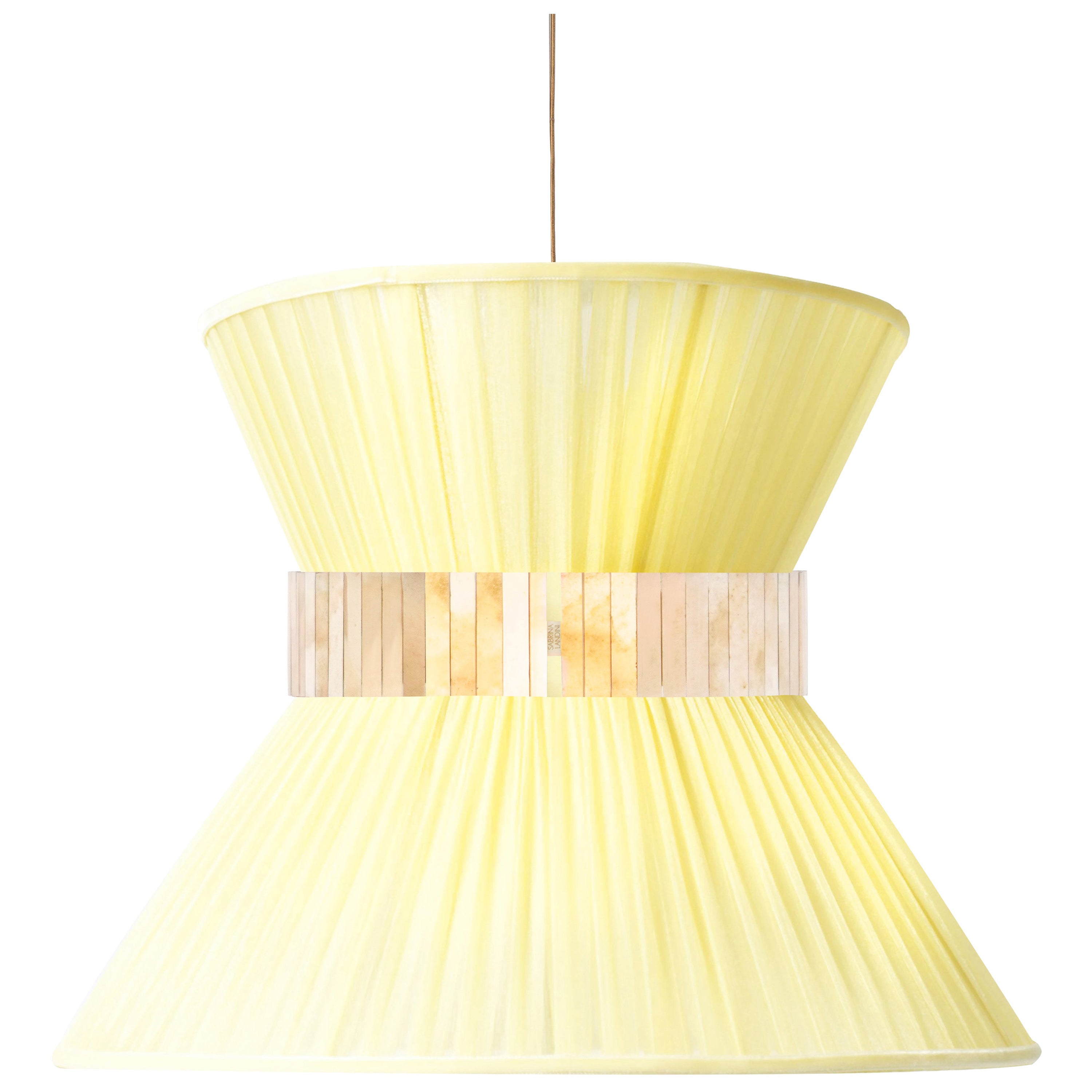 Tiffany Contemporary Hanging Lamp, 60 Lemon Silk Silvered Glass Brass