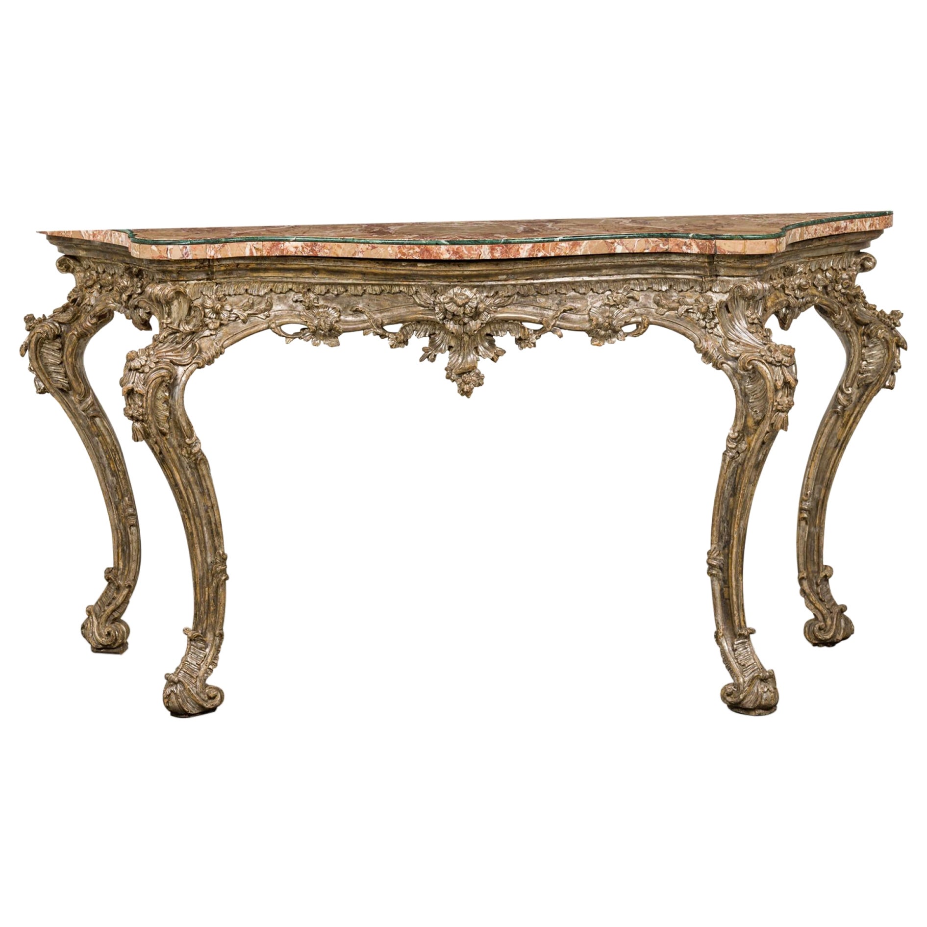 Italian Rococo Carved Silver Gilt and Blush and Green Marble Top Console Table For Sale