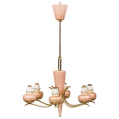 Murano Mid-Century Italian Six-Arm Rose Pink Glass and Brass Chandelier