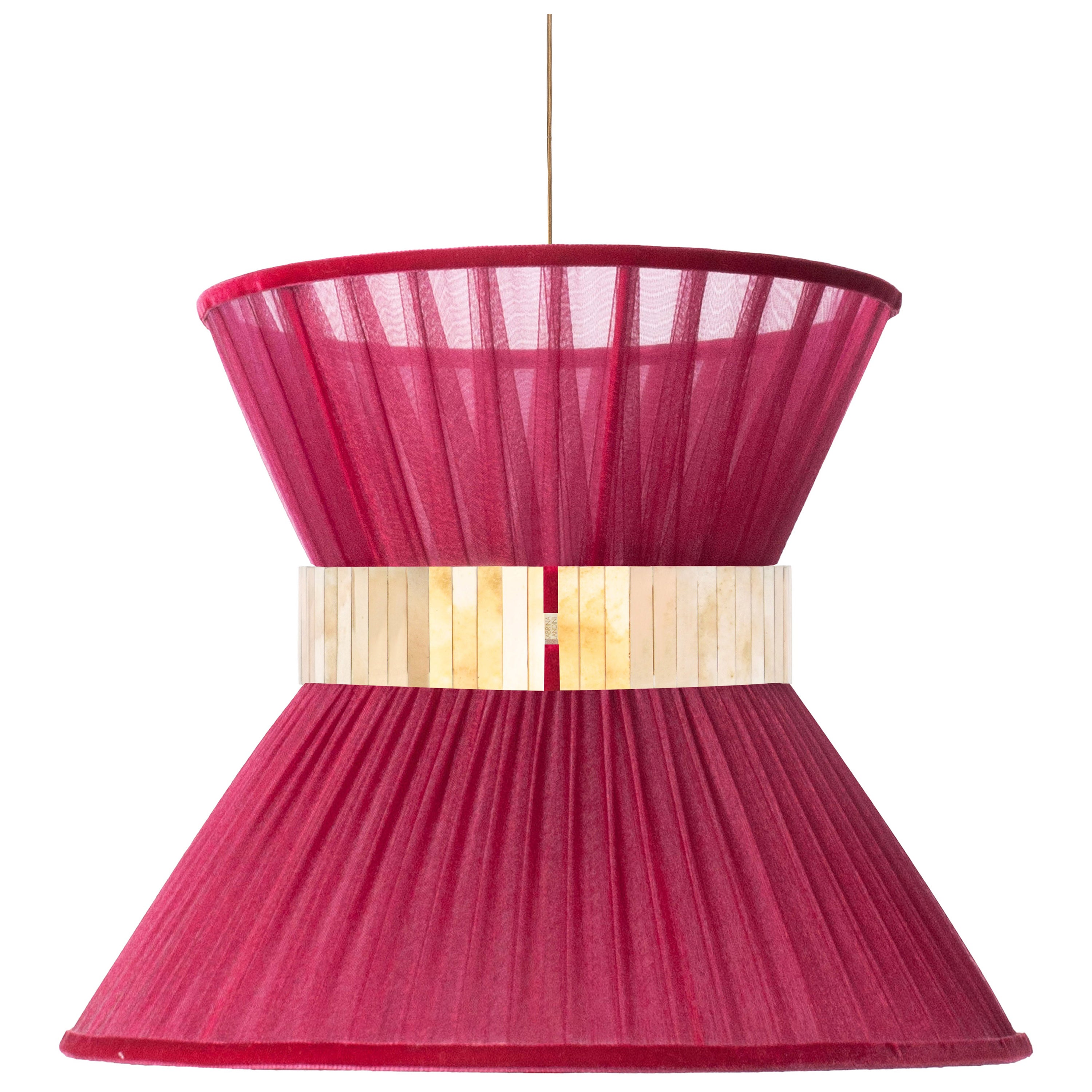 Tiffany Contemporary Hanging Lamp, 60 Ruby Silk Silvered Glass Brass