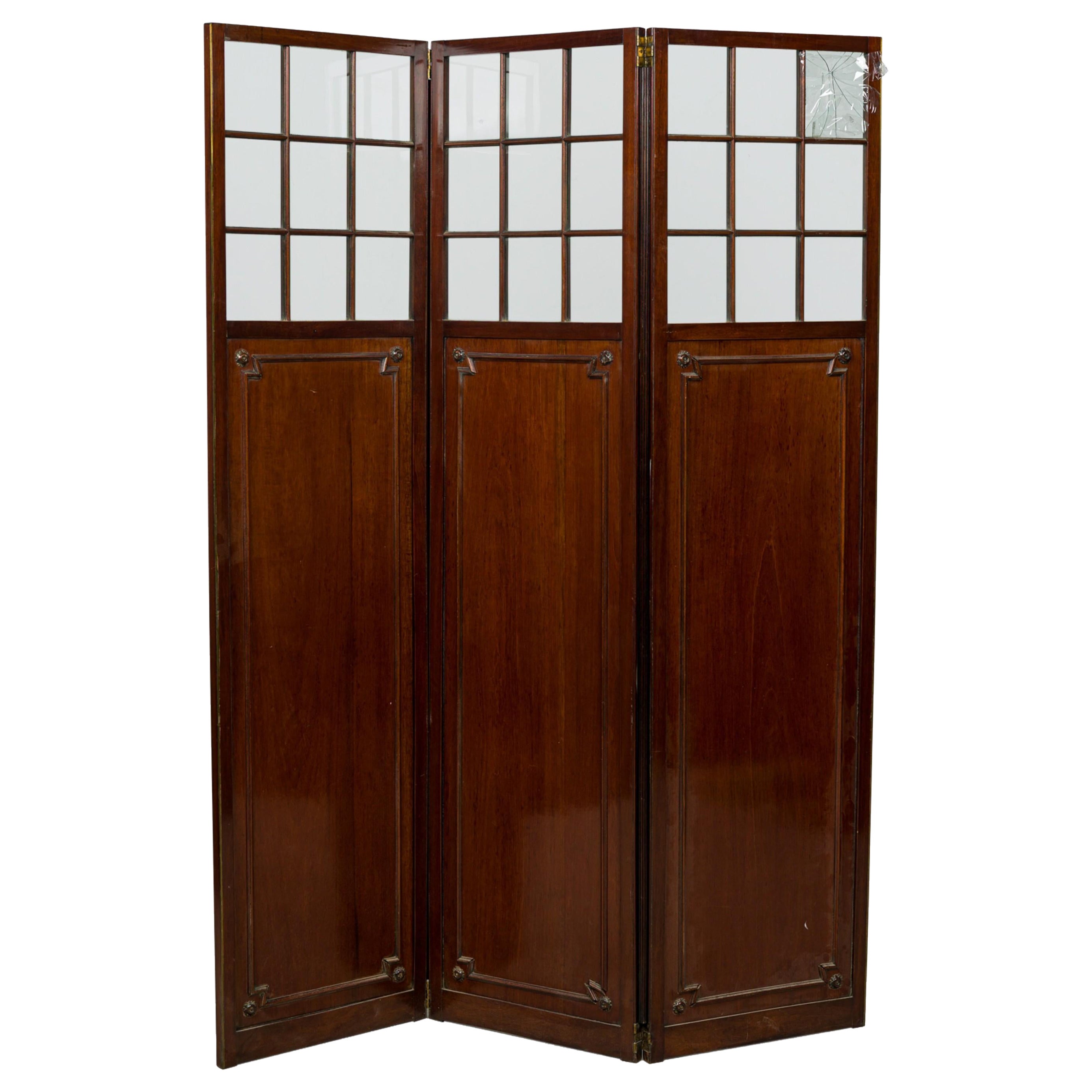 French Directoire Mahogany and Glass 3 Panel Screen