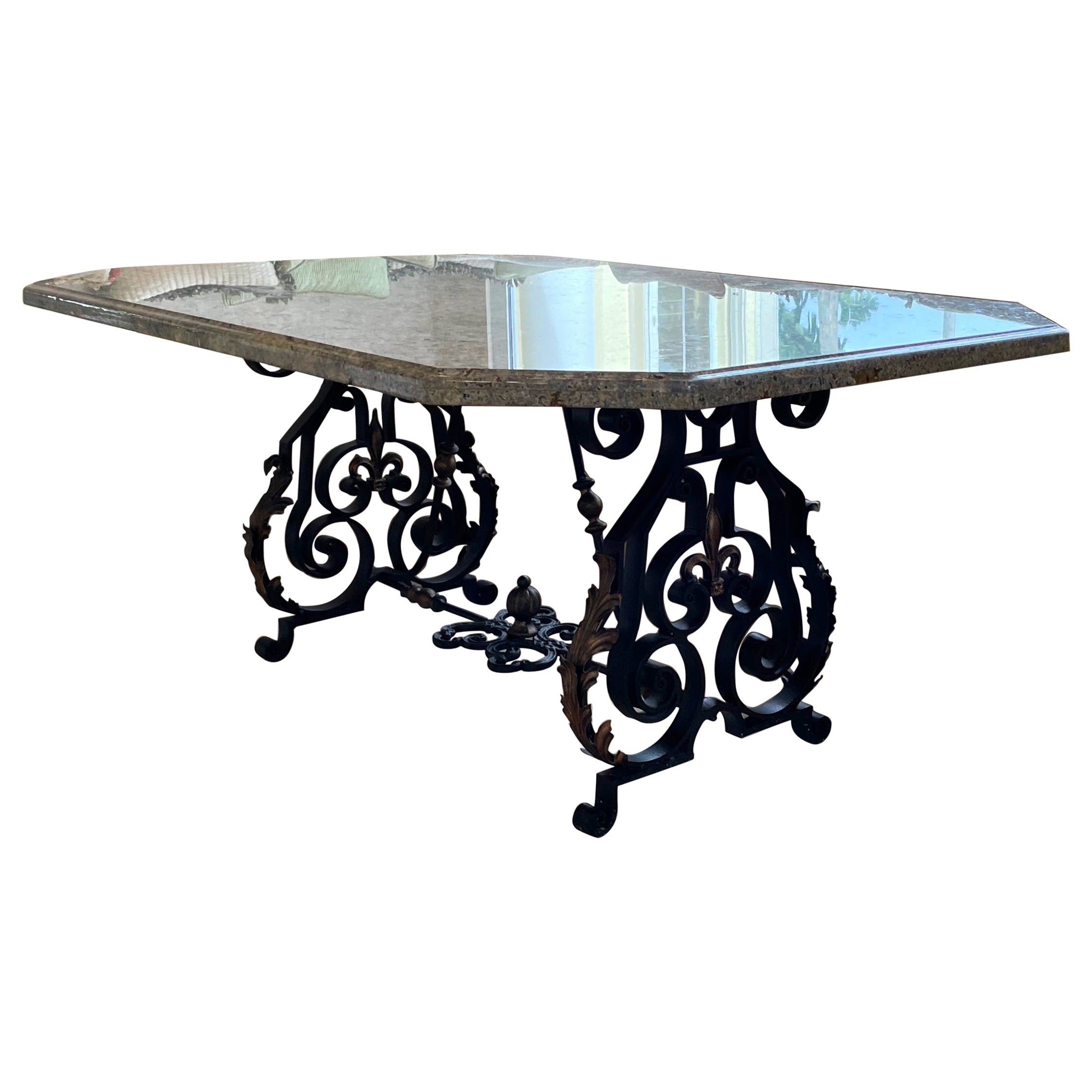 Faux Marble and Wrought Iron Dining Table For Sale
