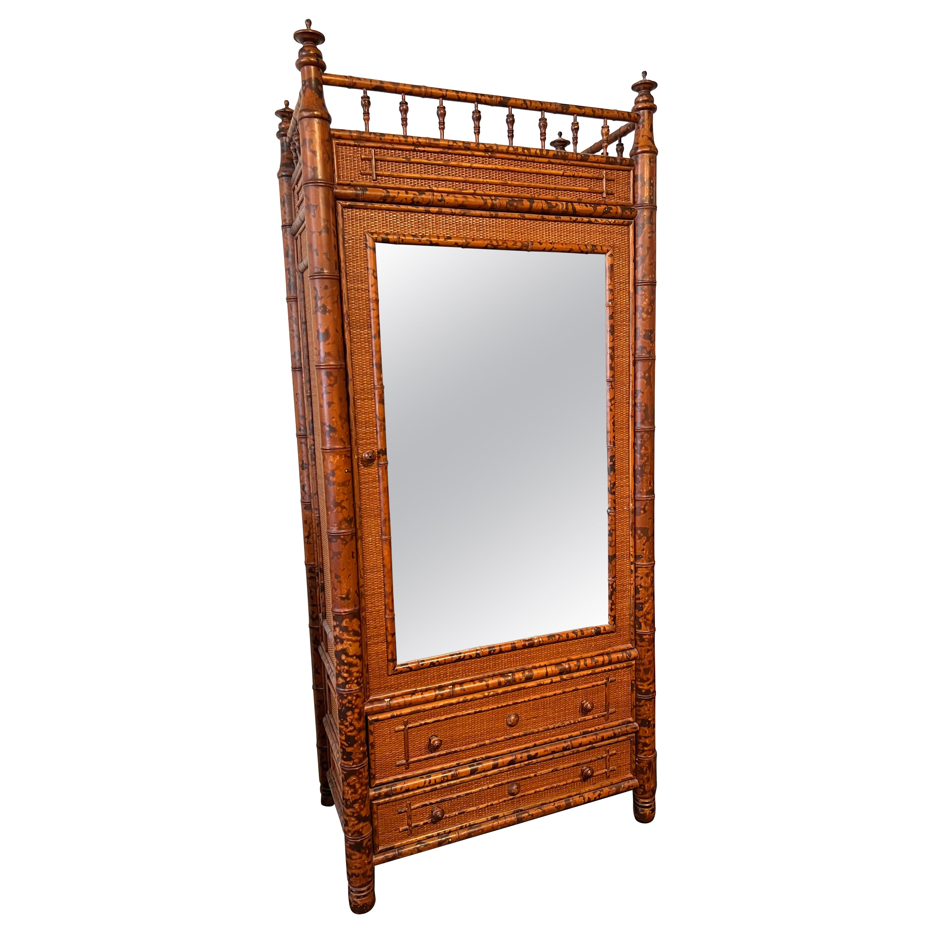 British Colonial Style Burnt Bamboo and Cane Armoire For Sale