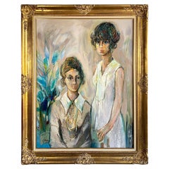 Vintage Large Size Oil On Canvas Painting "Sisters"