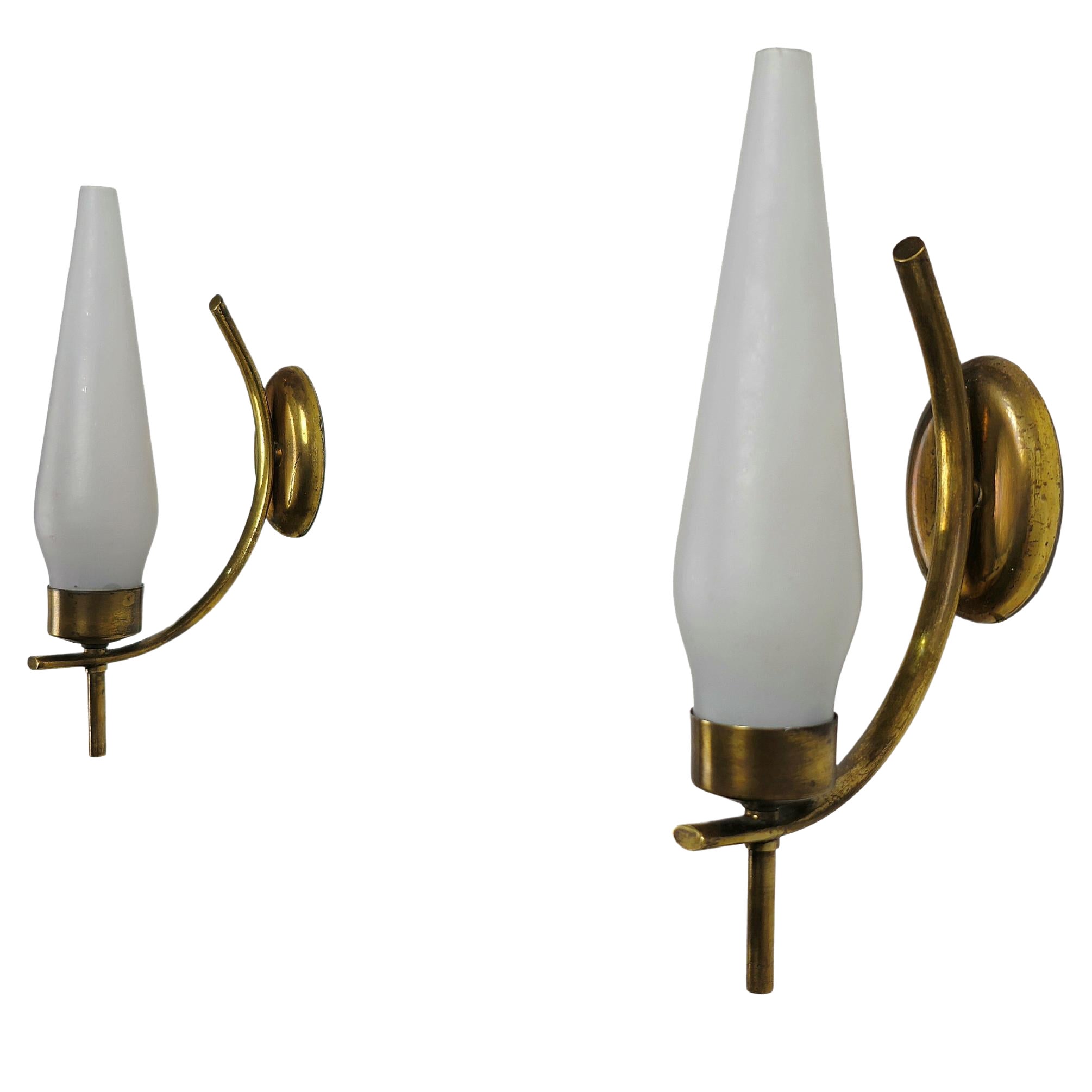 Pair of Wall Lights Sconces Brass Opaline Glass Midcentury Italian Design 1960s 