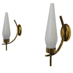 Vintage Pair of Wall Lights Sconces Brass Opaline Glass Midcentury Italian Design 1960s 