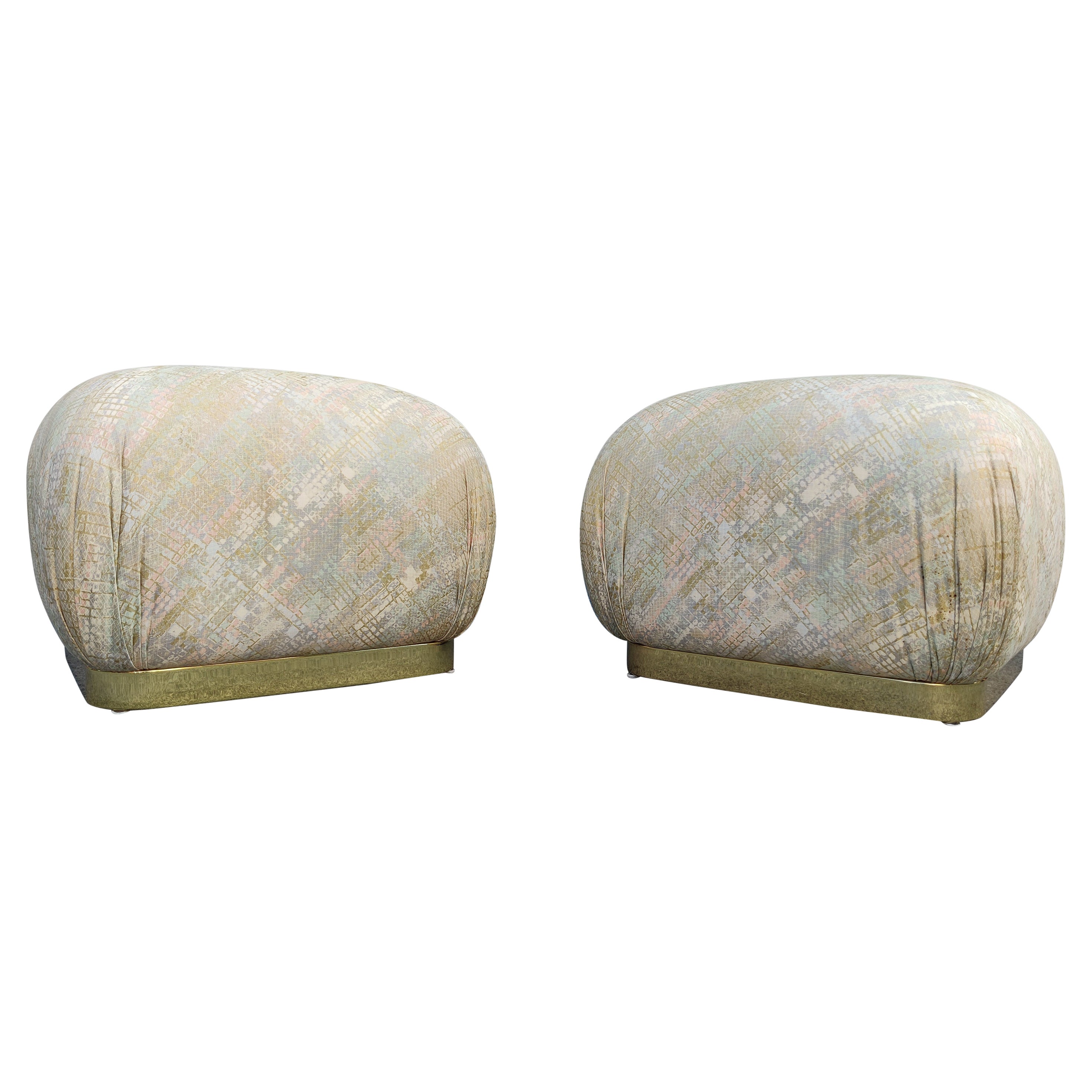 Pair of Karl Springer Style Poufs or Ottomans by Weiman in Floral Pattern For Sale