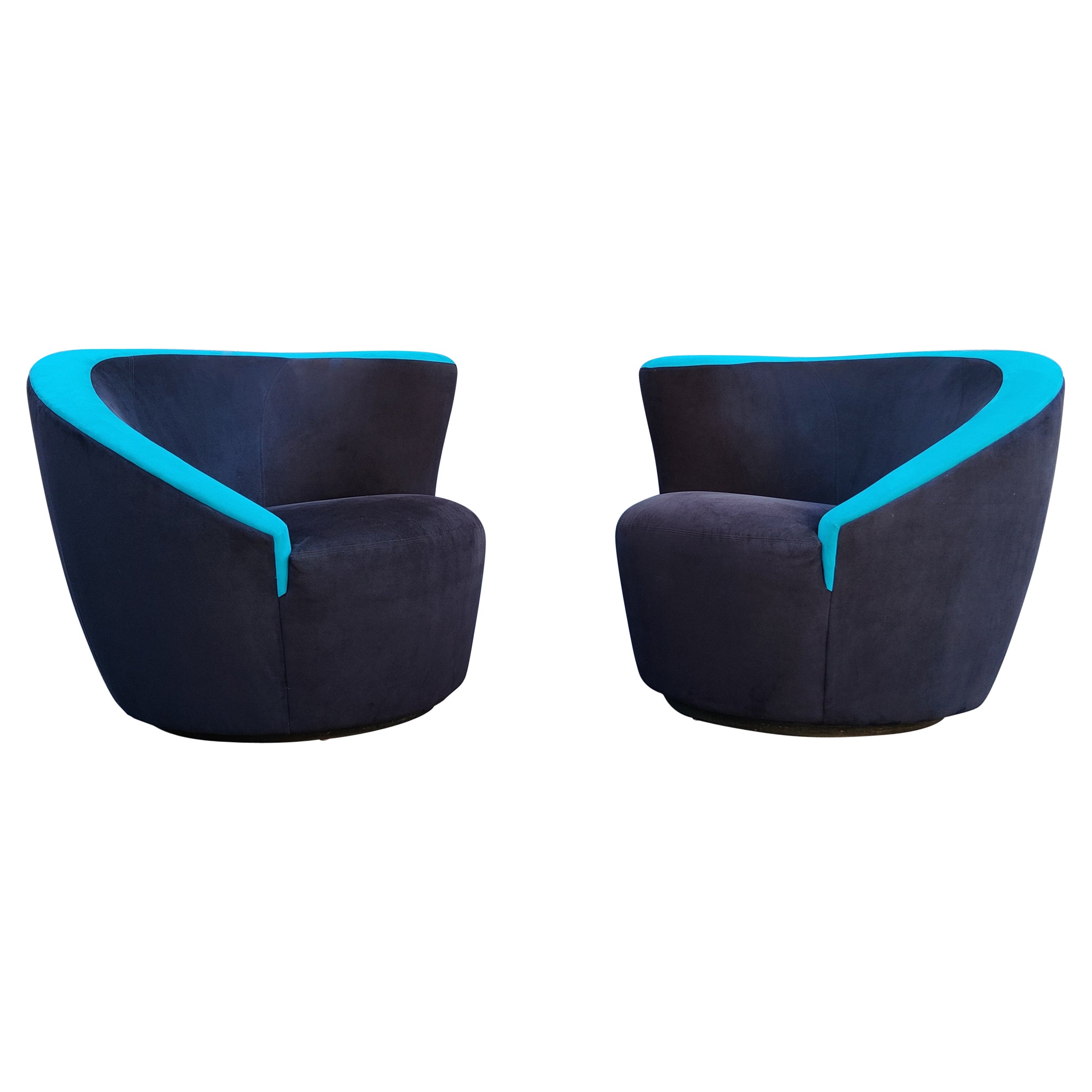 Pair of Vladimir Kagan Directional Nautilus Corkscrew Swivel Chairs Black & Blue