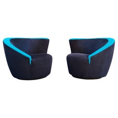 Vintage Pair of Vladimir Kagan Directional Nautilus Corkscrew Swivel Chairs Black & Blue