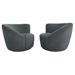 Pair Scroll Corkscrew Dark Green Suede Swivel Lounge Chairs Mid-Century