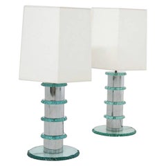 Pair of Modern Italian hand made table lamps, in cut steel and hammered glass