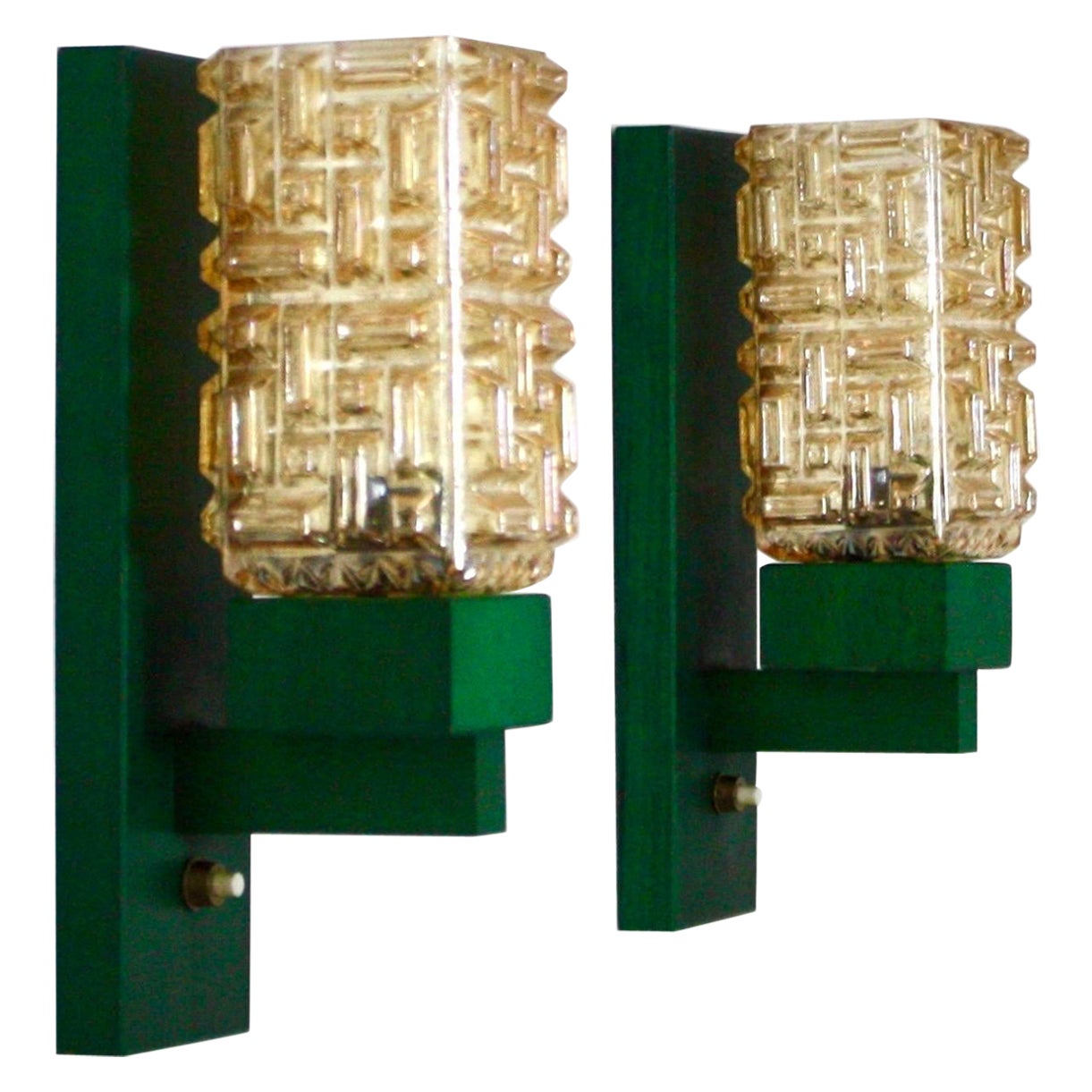 Set of 'Vitrika' Wall Lamps in green stained wood & Amber Glass, Denmark, 1970s For Sale