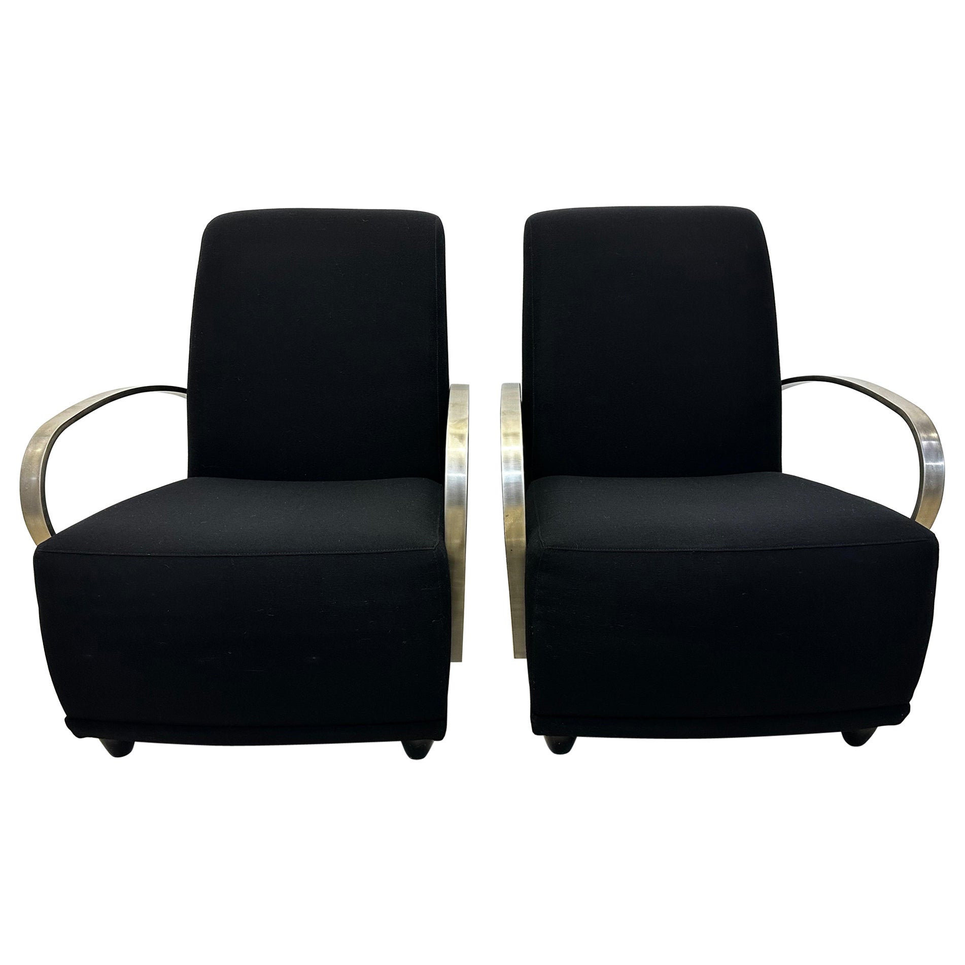 Art Deco Revival Black Lounge Chairs With Steel Arms by Directional - a Pair For Sale