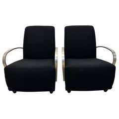 Art Deco Revival Black Lounge Chairs With Steel Arms by Directional - a Pair