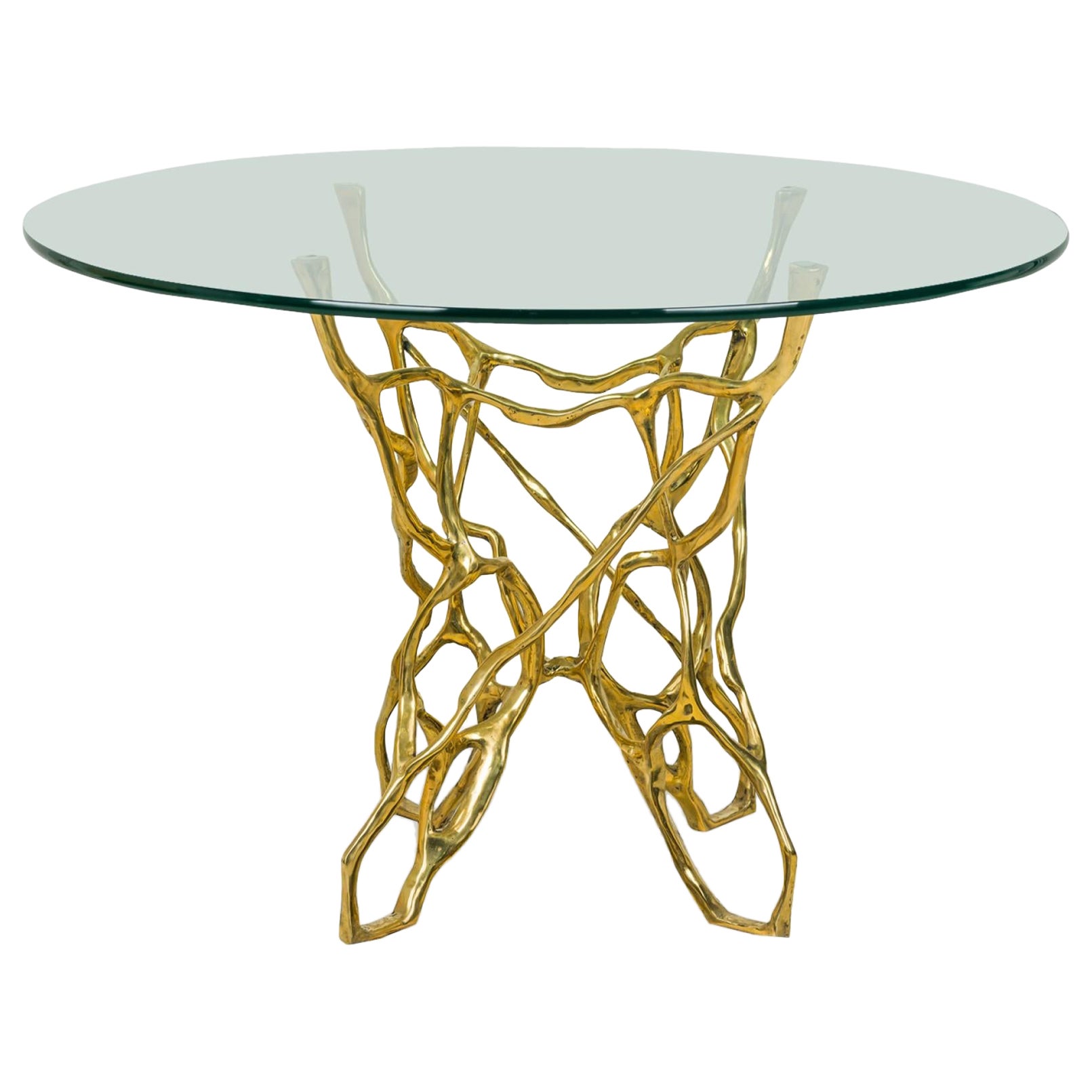 Table de salle à manger biomorphique en bronze de style américain Catarina avec plateau en verre circulaire