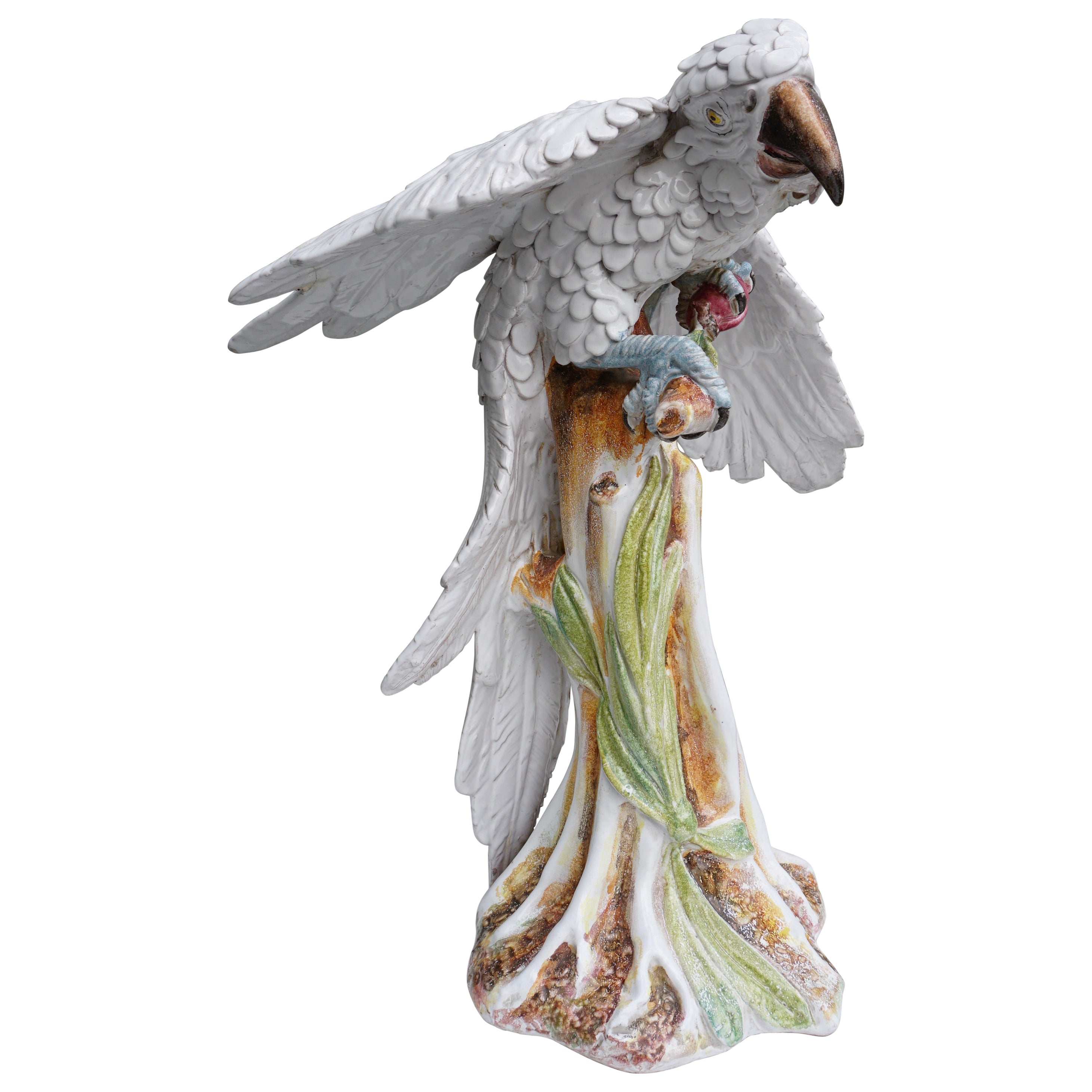 Estatua italiana de terracota esmaltada de un loro