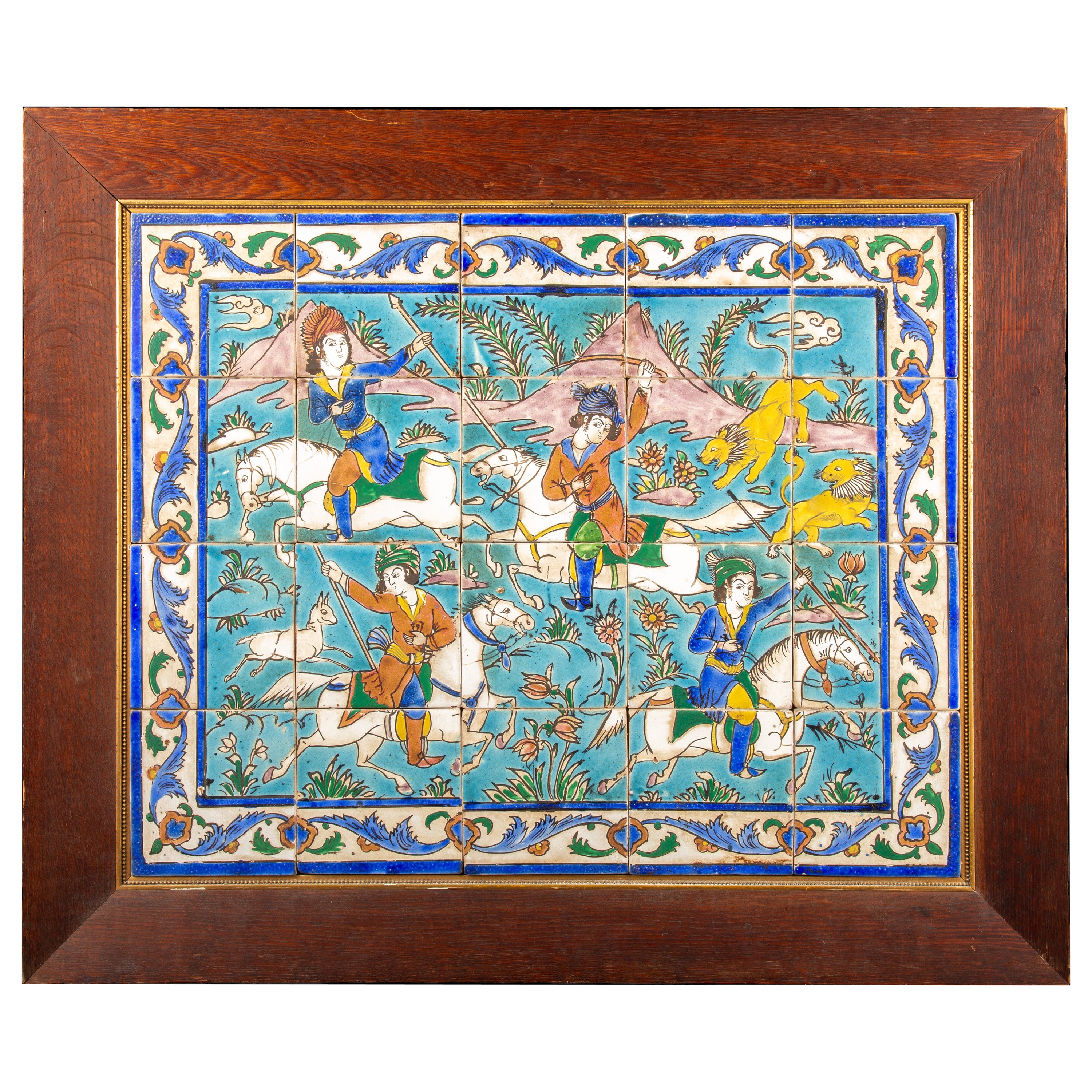 Chasse au lion : panneau en céramique émaillée du 19e siècle provenant de l'Iran Qajar en vente