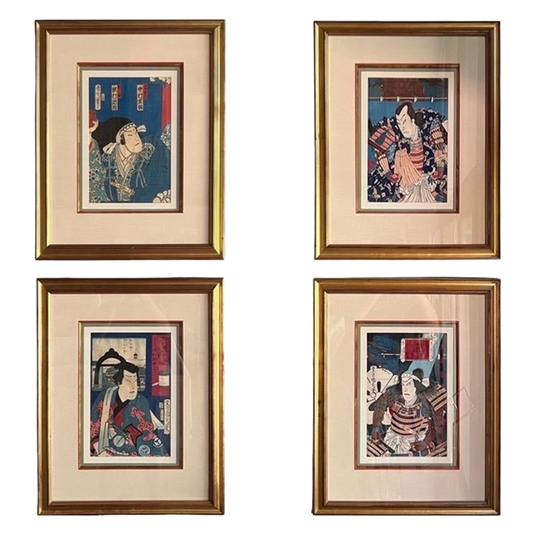 Set of 4, Toyohara Kunichika (Japanese 1835-1900) Kabuki Performance Woodblock For Sale