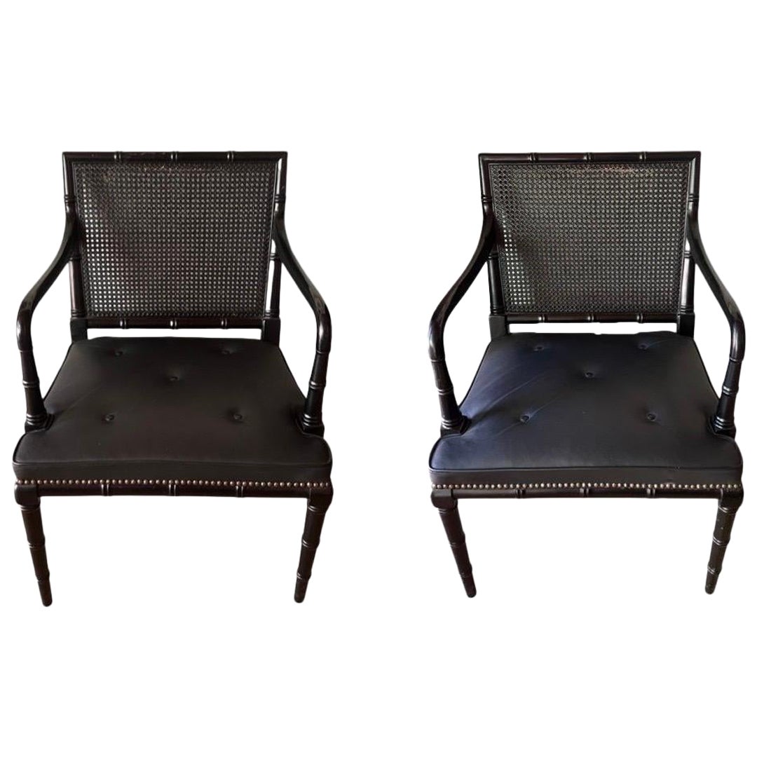 Pair, Regency Style Ebonized Faux Bamboo, Leather & Cane Back Armchairs For Sale