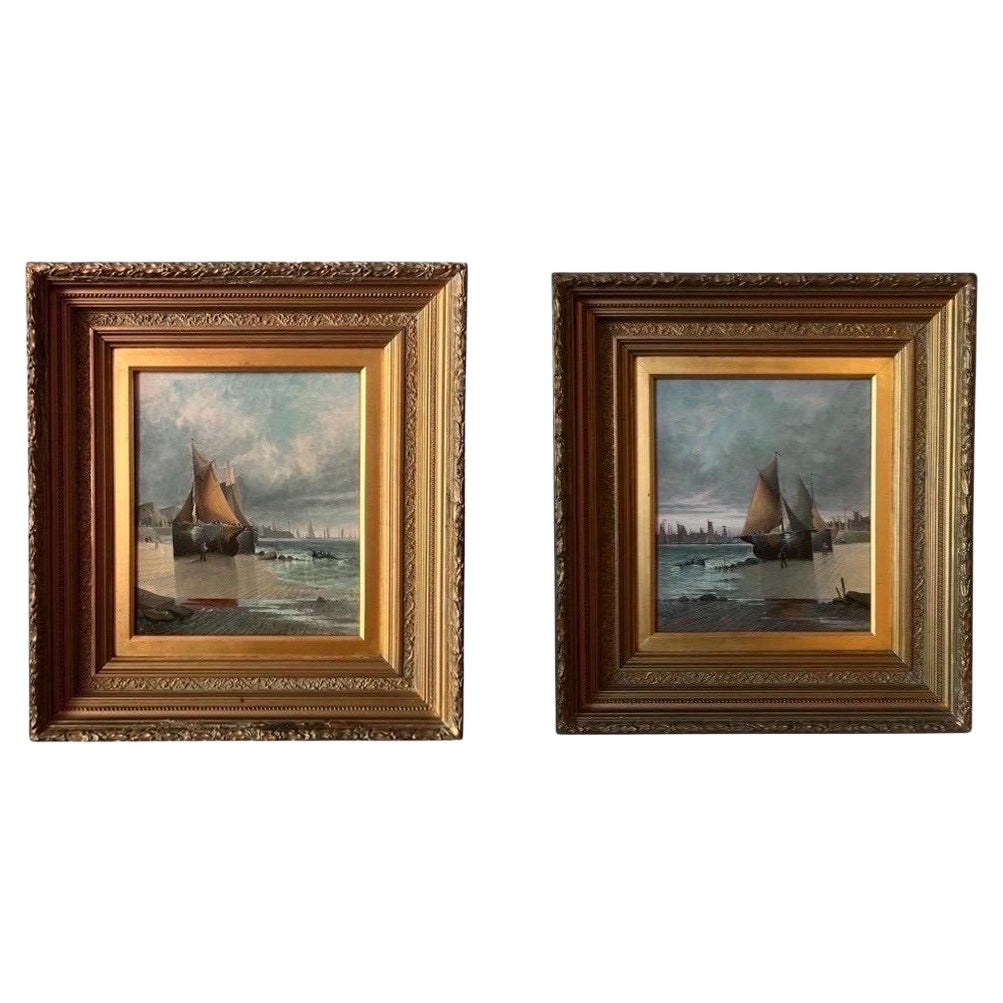 Opposing Pair, Dutch School Seascape Paintings on Canvas 20th Century For Sale