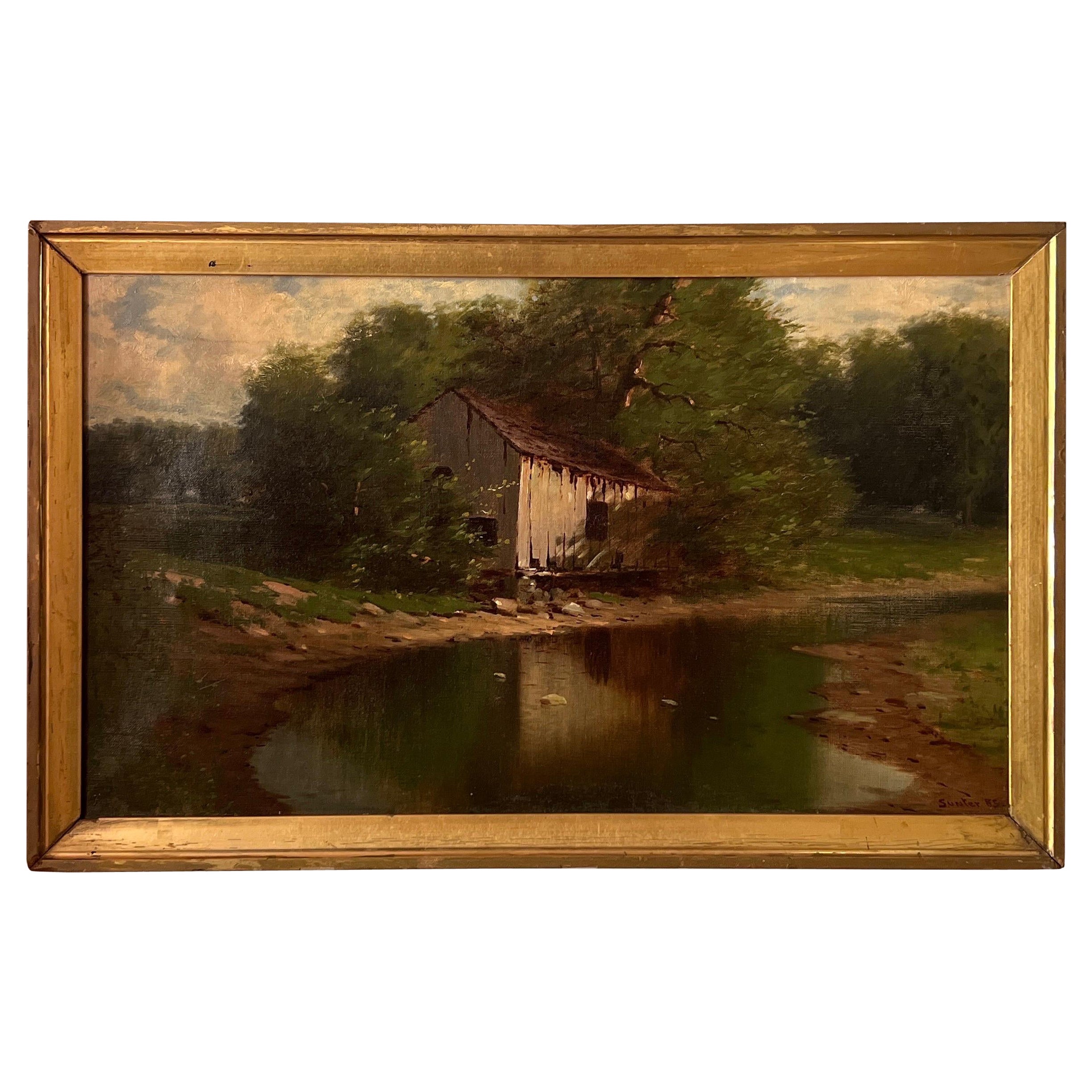 Harry Sunter (American, 1850-1900) "Old Mill By The River In Massachusetts"  For Sale