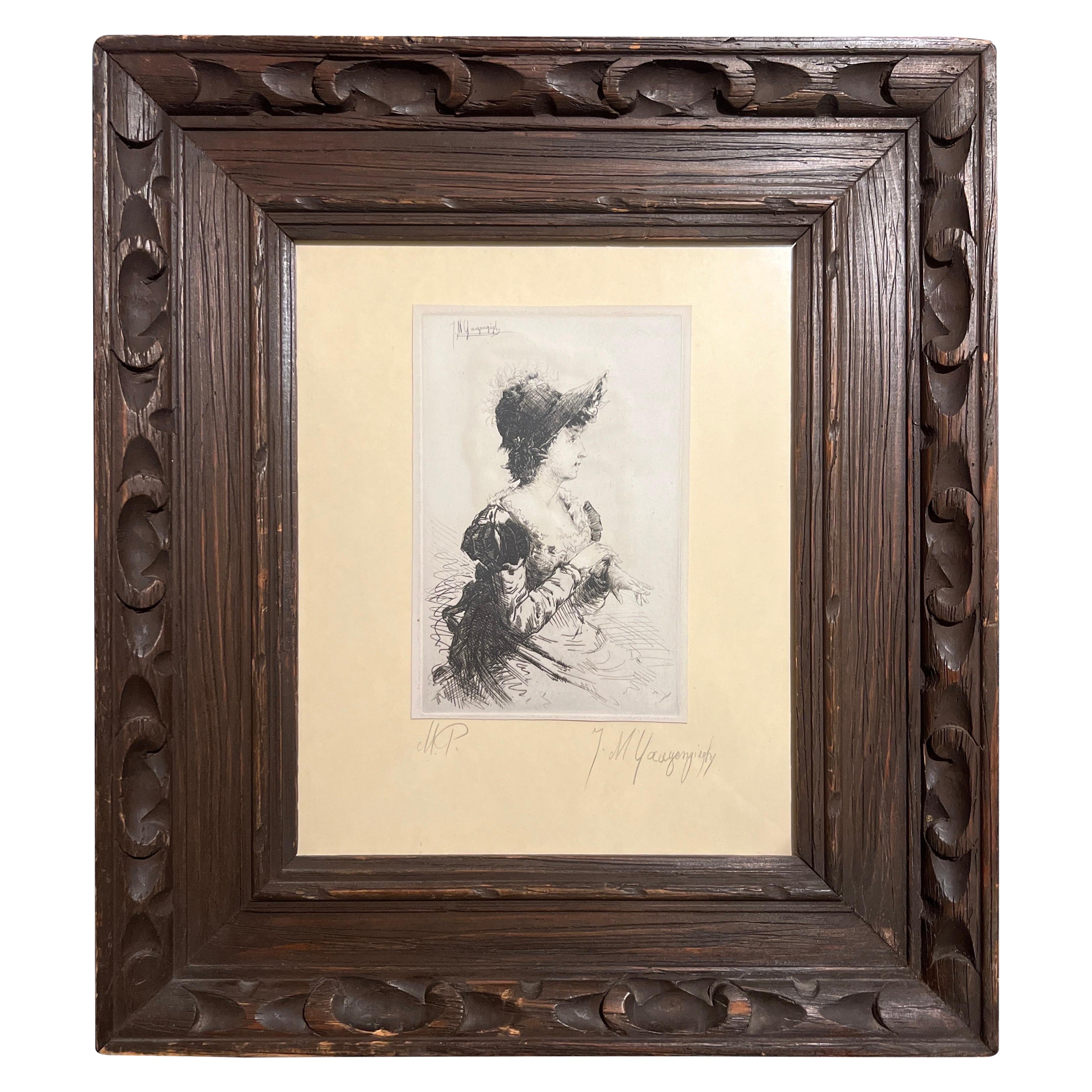 Gravure à la pointe sèche d'une femme par Ignaz Marcel Gaugengigl (allemand, 1855-1932) en vente