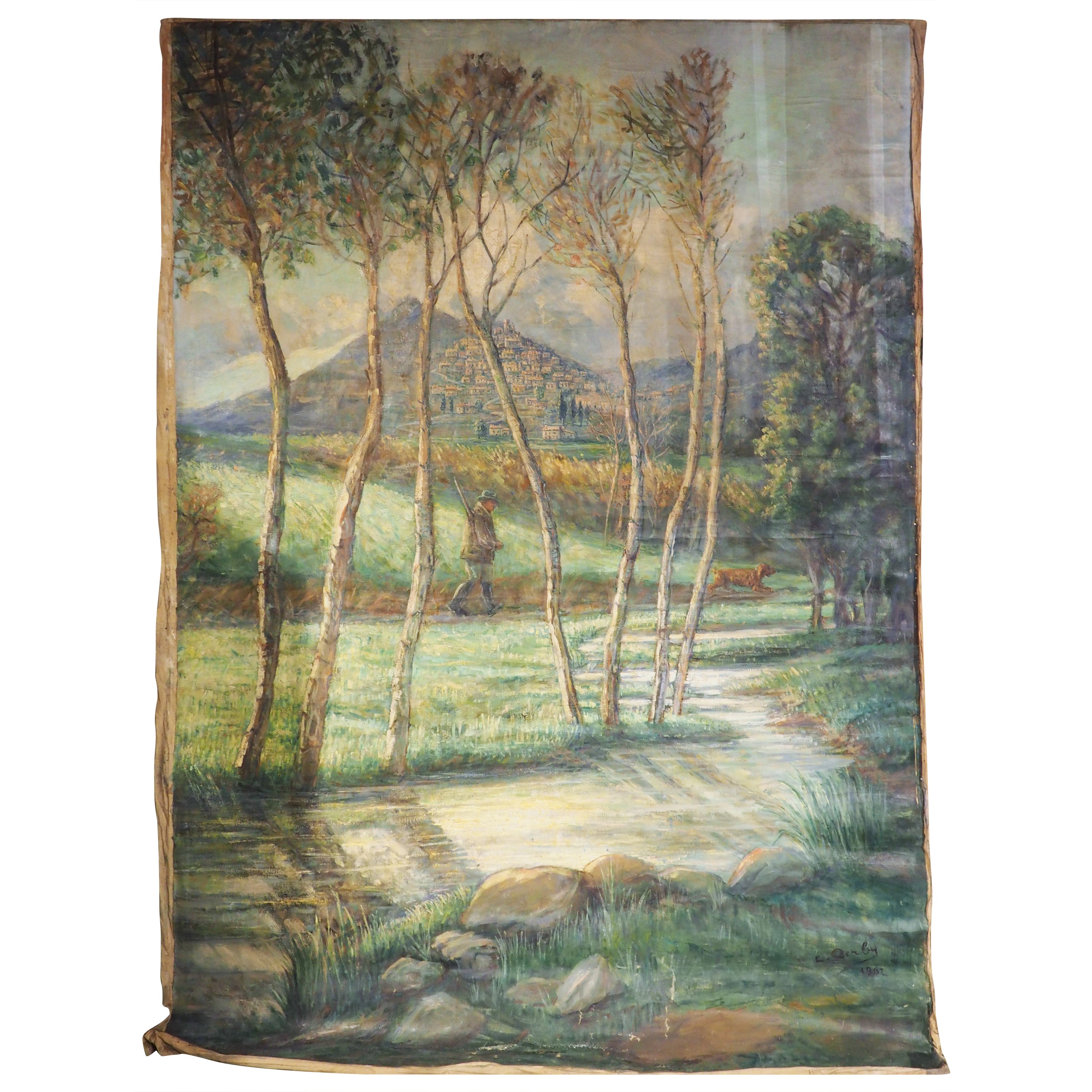 Large French Landscape Painting of a Hunter and Hillside Village, Dated 1962 For Sale
