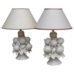 Pair of Mid-century White Ceramic Table Lamps with Fruit and Leaves 