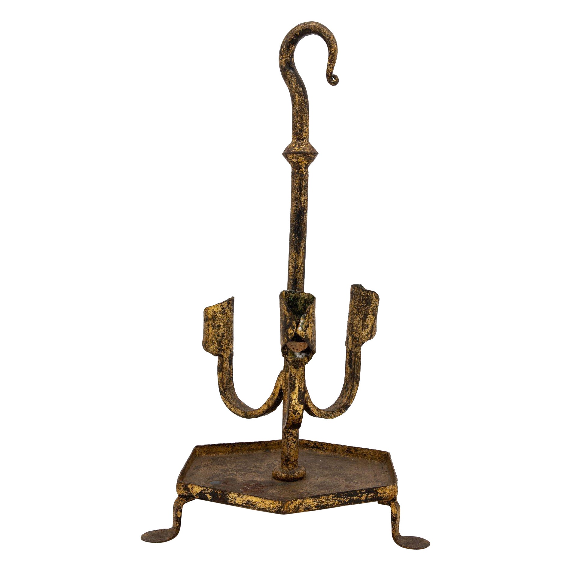 Spanish Gilt Iron Triple Candlestick or Stand, 1950s For Sale