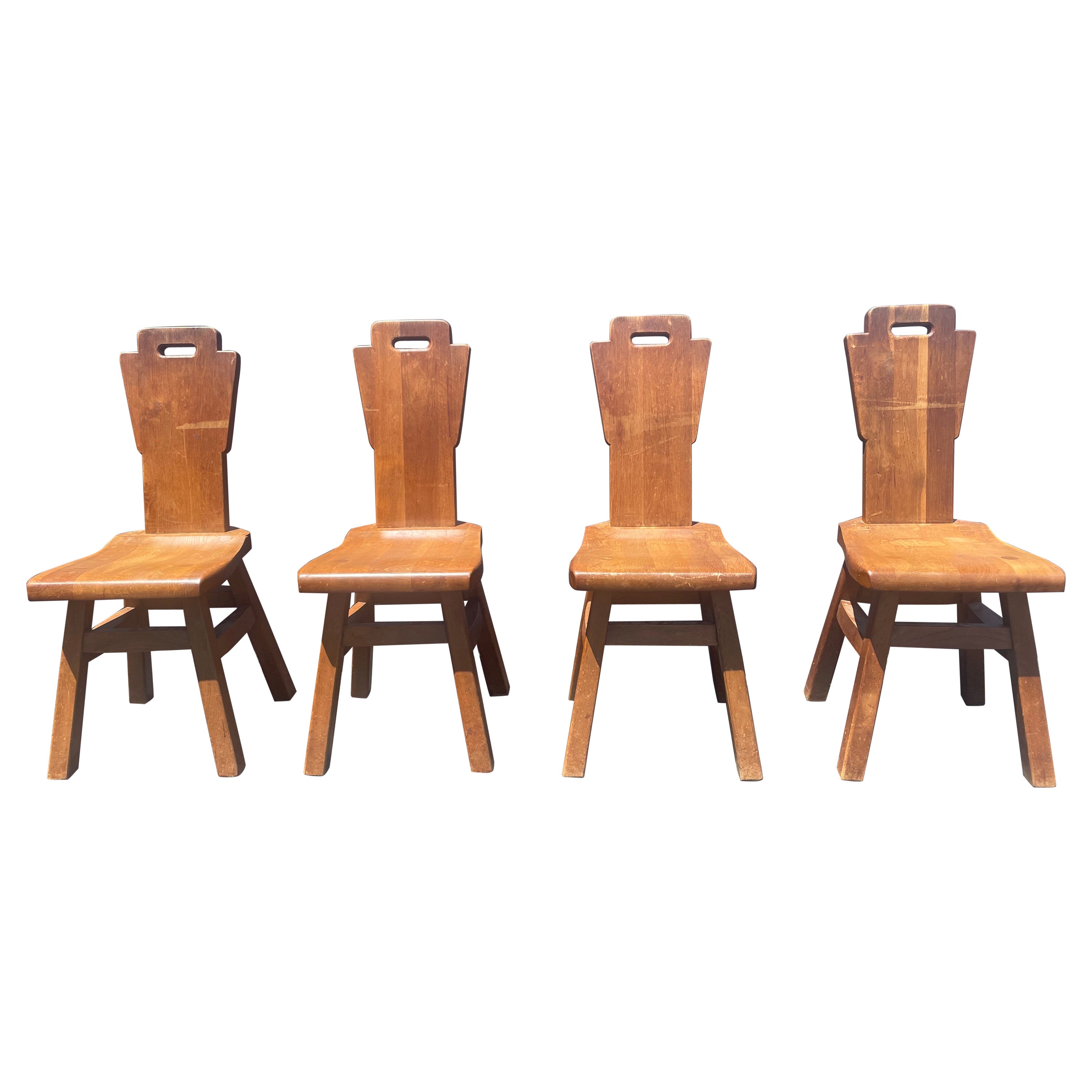 Set of 4 Brutalist Oak Dining Chairs, Netherlands, Circa 1970s For Sale
