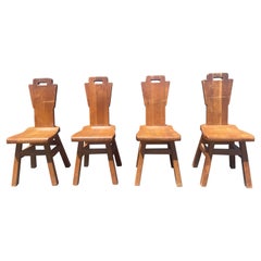 Vintage Set of 4 Brutalist Oak Dining Chairs, Netherlands, Circa 1970s