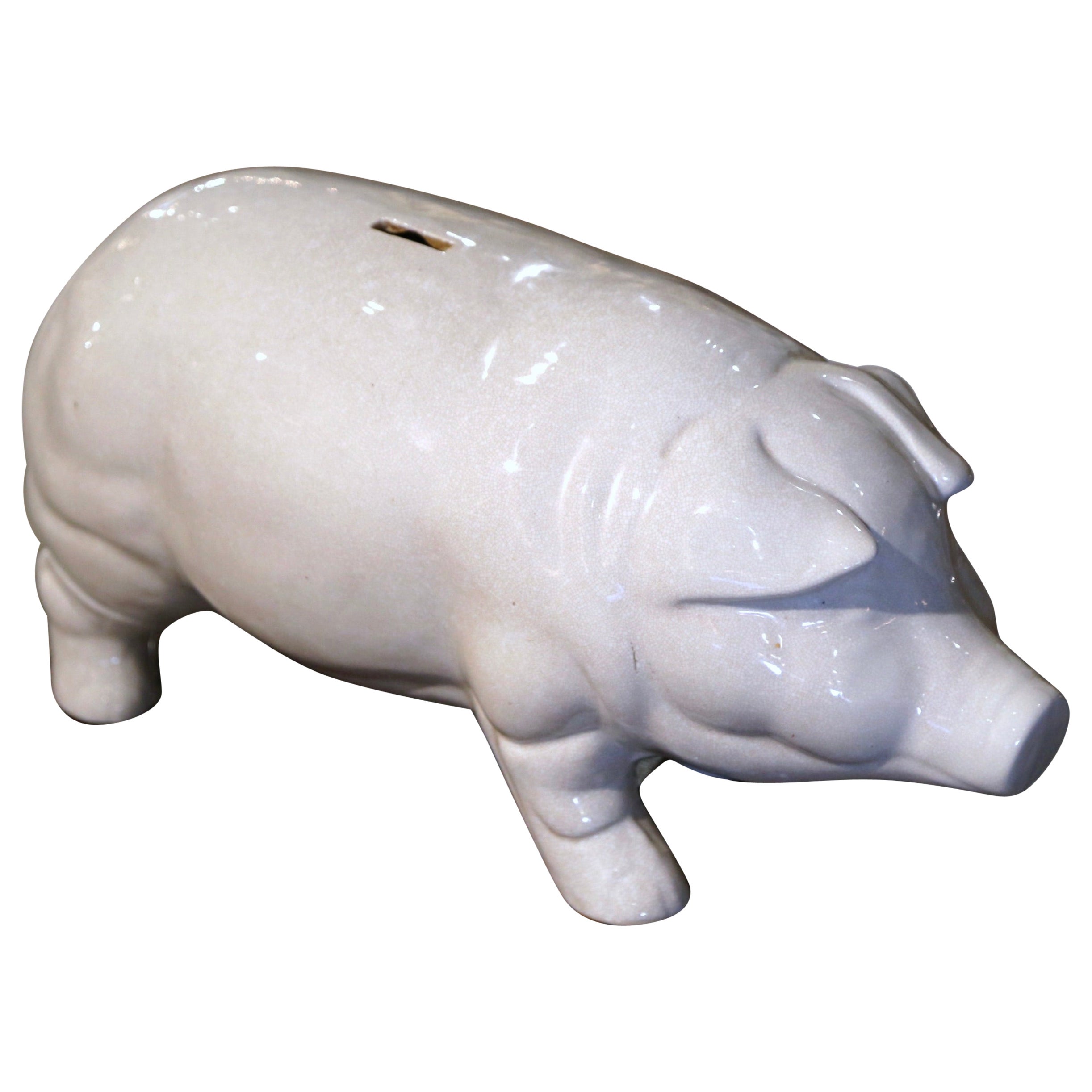 Midcentury French Faience Piggy Bank Sculpture from Normandy