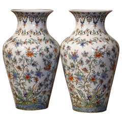 Pair of 19th Century French Hand Painted Faience Vases from Normandy