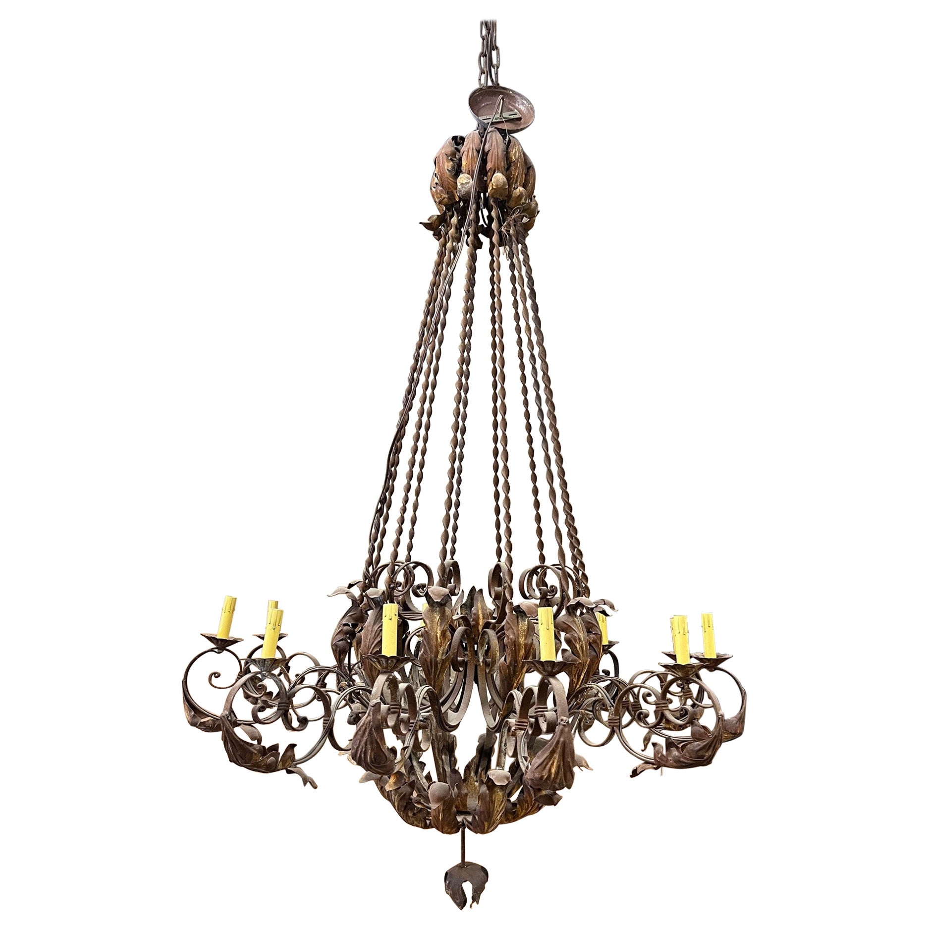 Large Wrought Iron 12 Light Chandelier with twisted iron and acanthus leaf   For Sale
