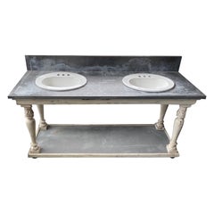 Antique French 19th Century Painted Wood Vanity with Two Porcelain Sinks and Zinc Top