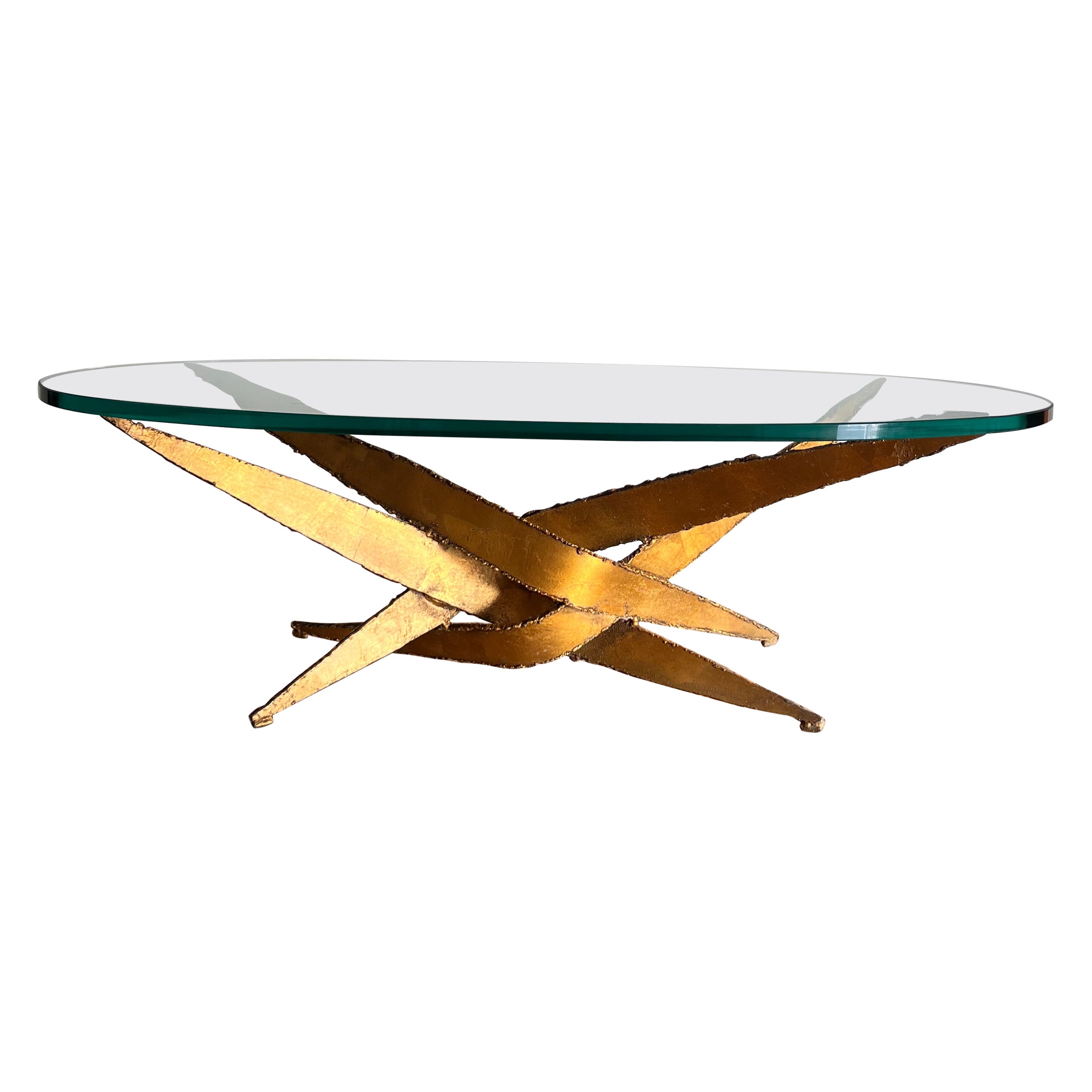 Brutalist torch-cut metal and glass coffee table after Silas Seandel, circa 1970