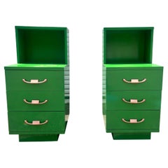 Vintage Mid-Century Modern tall green Lacquered nightstands, a pair 