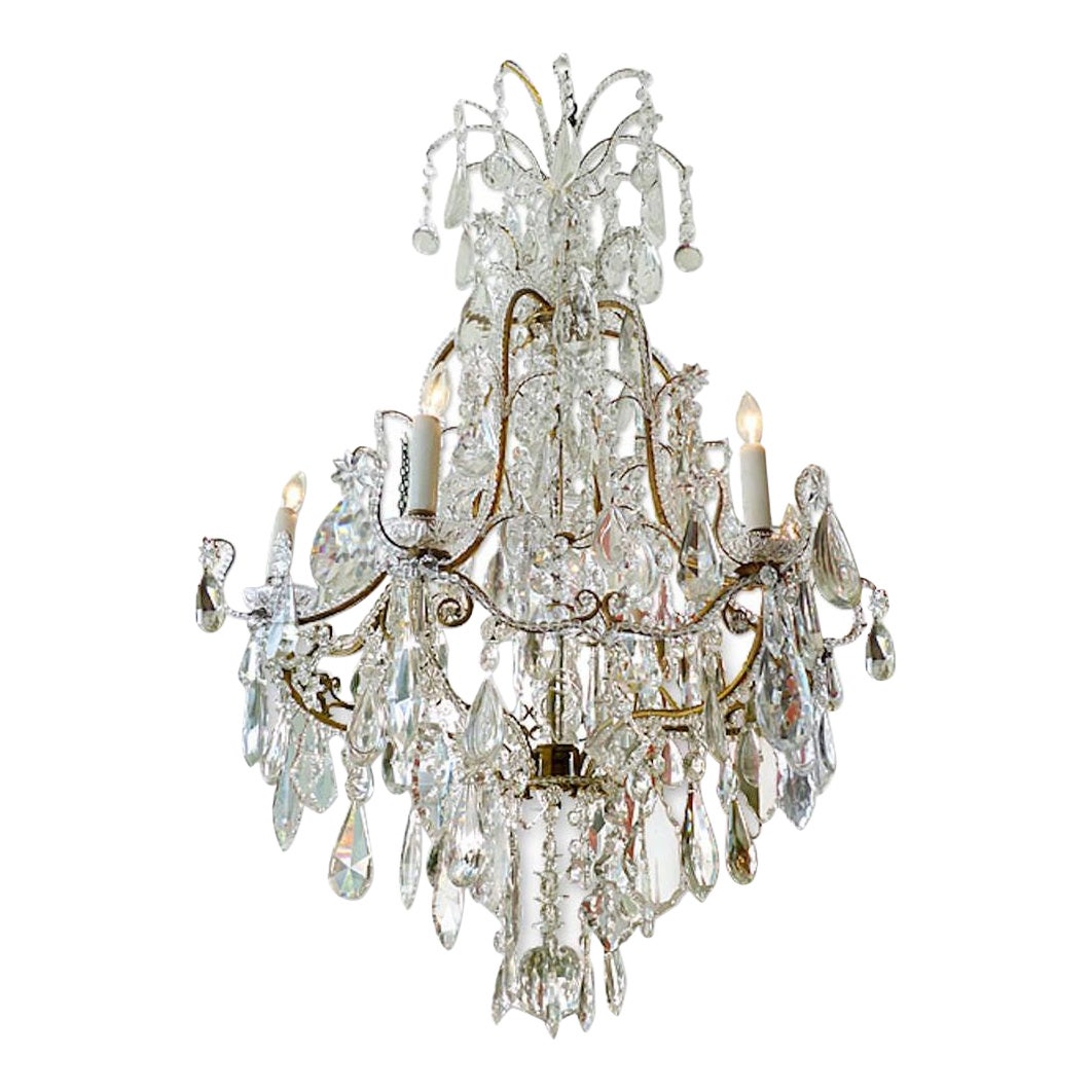 French 1940s Crystal and Glass Chandelier on Iron Frame with Six Outer Lights For Sale