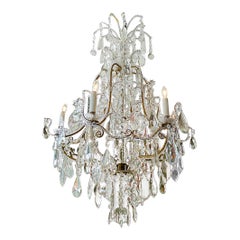 French 1940s Crystal and Glass Chandelier on Iron Frame with Six Outer Lights
