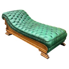 Antique Early 20th-C. Empire Style Tufted Green Leather Chaise  / Sofa / Recamier 